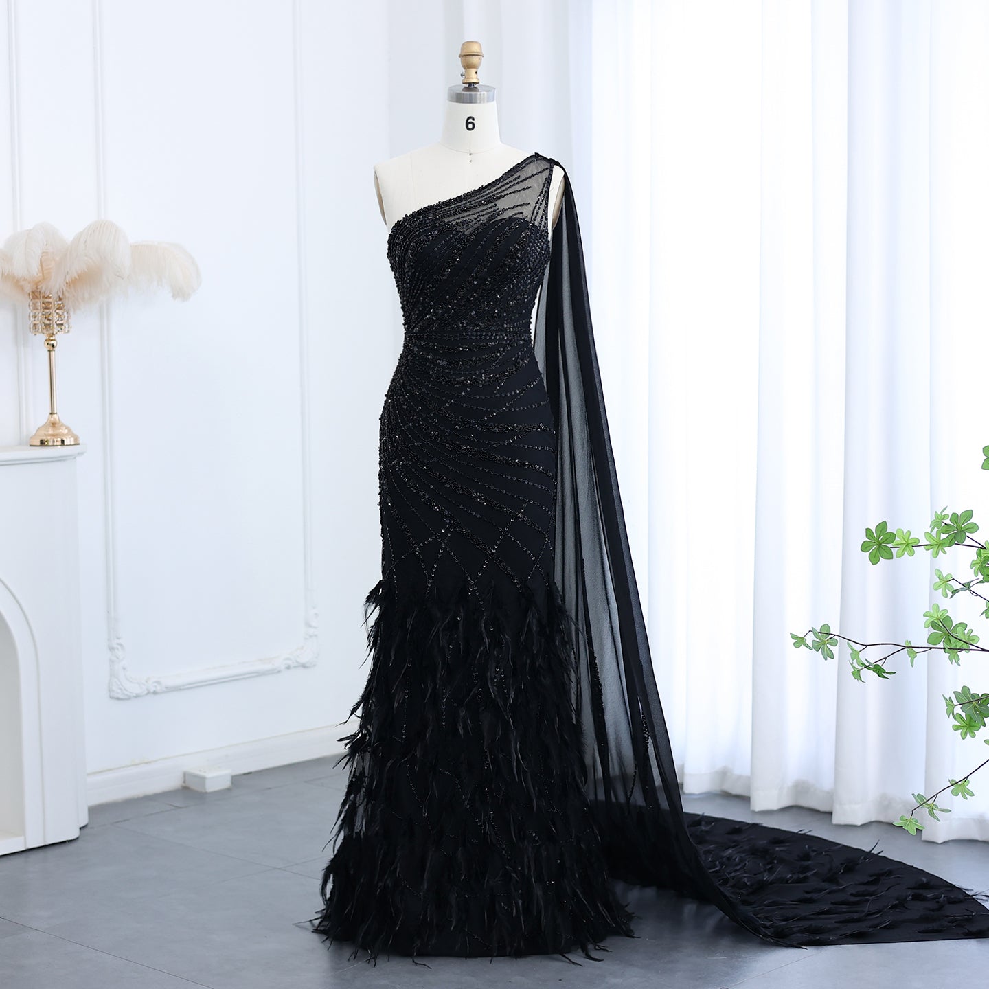 Turquoise One-Shoulder Mermaid Evening Dress with Beading & Feather SS498 Sheer Fairy