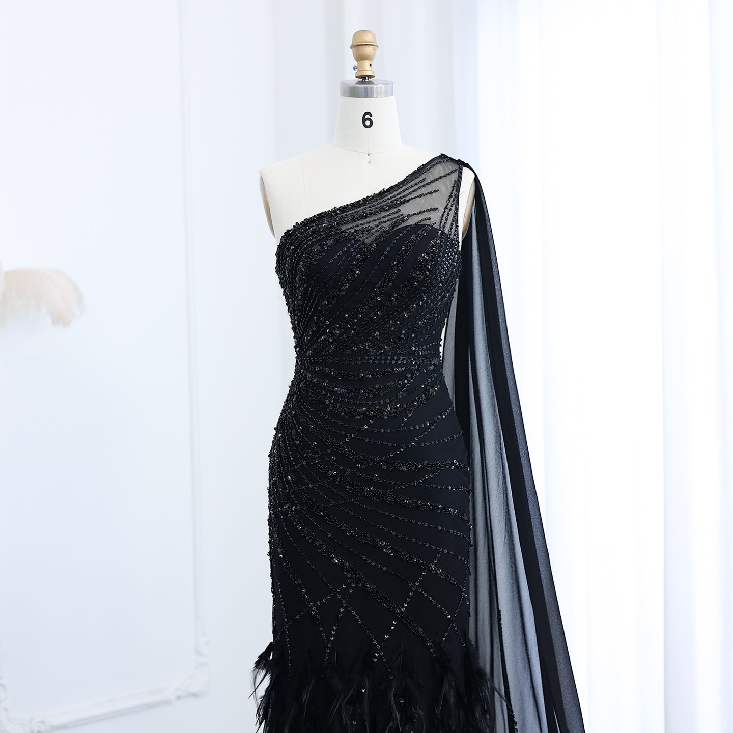 Turquoise One-Shoulder Mermaid Evening Dress with Beading & Feather SS498 Sheer Fairy