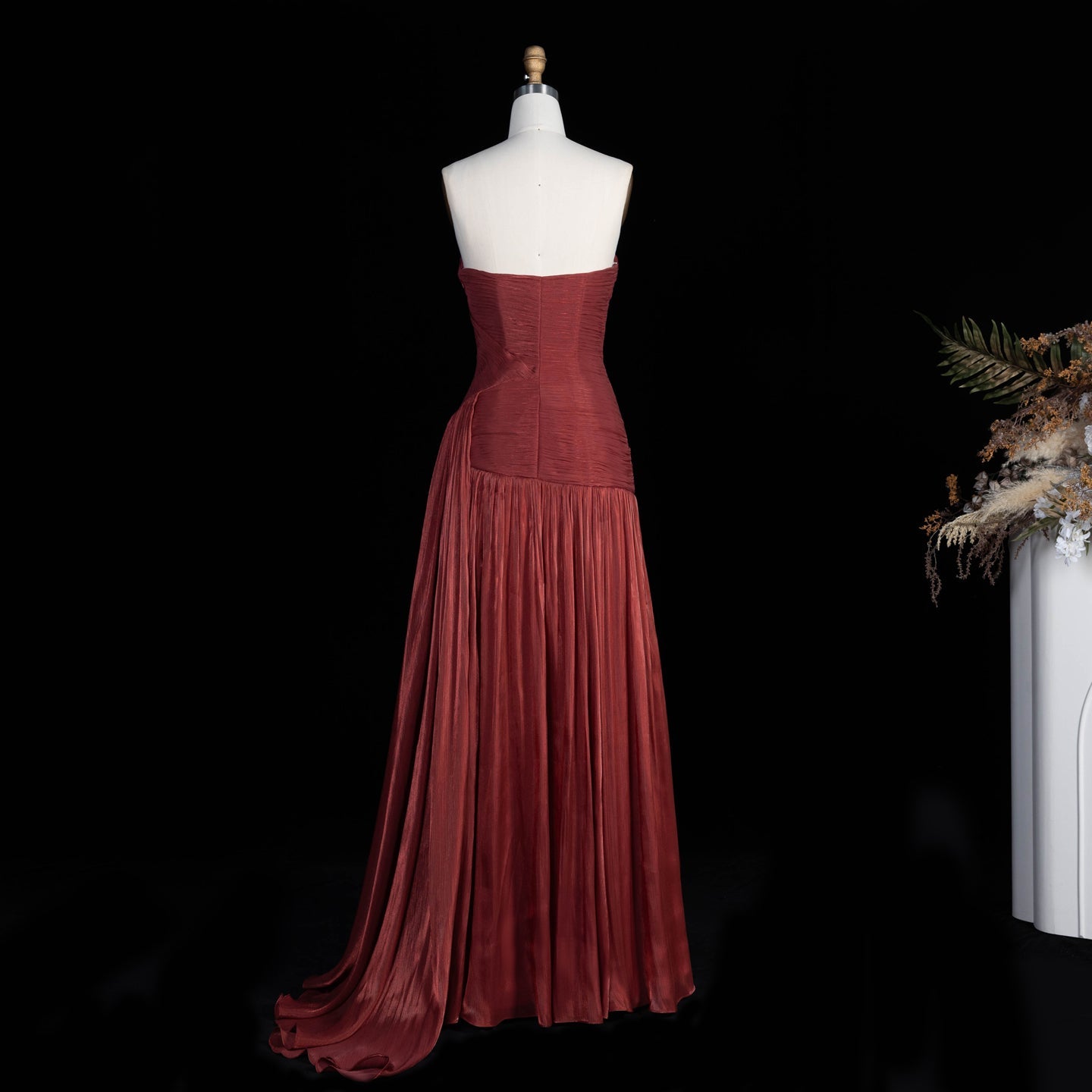 Burgundy Shimmer Satin Strapless Off Shoulder A-Line Evening Dress SF175 Sheer Fairy