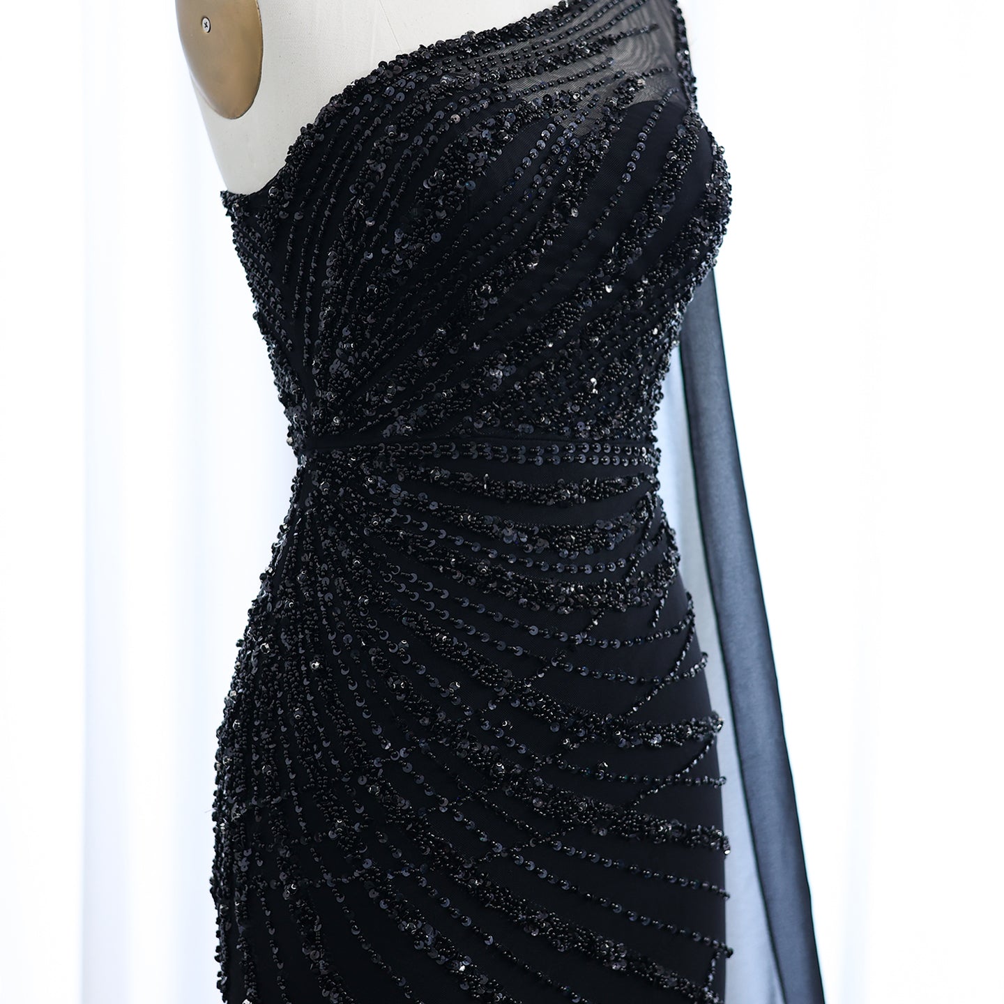 Turquoise One-Shoulder Mermaid Evening Dress with Beading & Feather SS498 Sheer Fairy