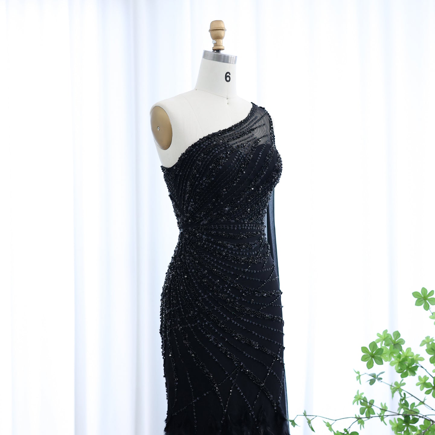 Turquoise One-Shoulder Mermaid Evening Dress with Beading & Feather SS498 Sheer Fairy