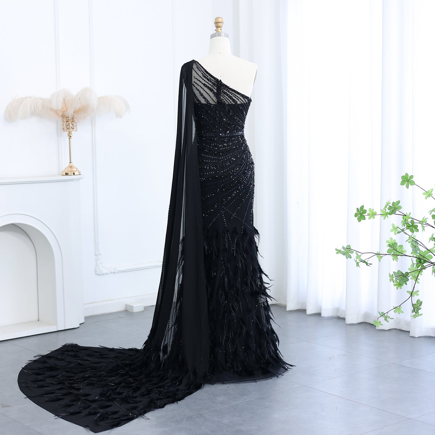 Turquoise One-Shoulder Mermaid Evening Dress with Beading & Feather SS498 Sheer Fairy