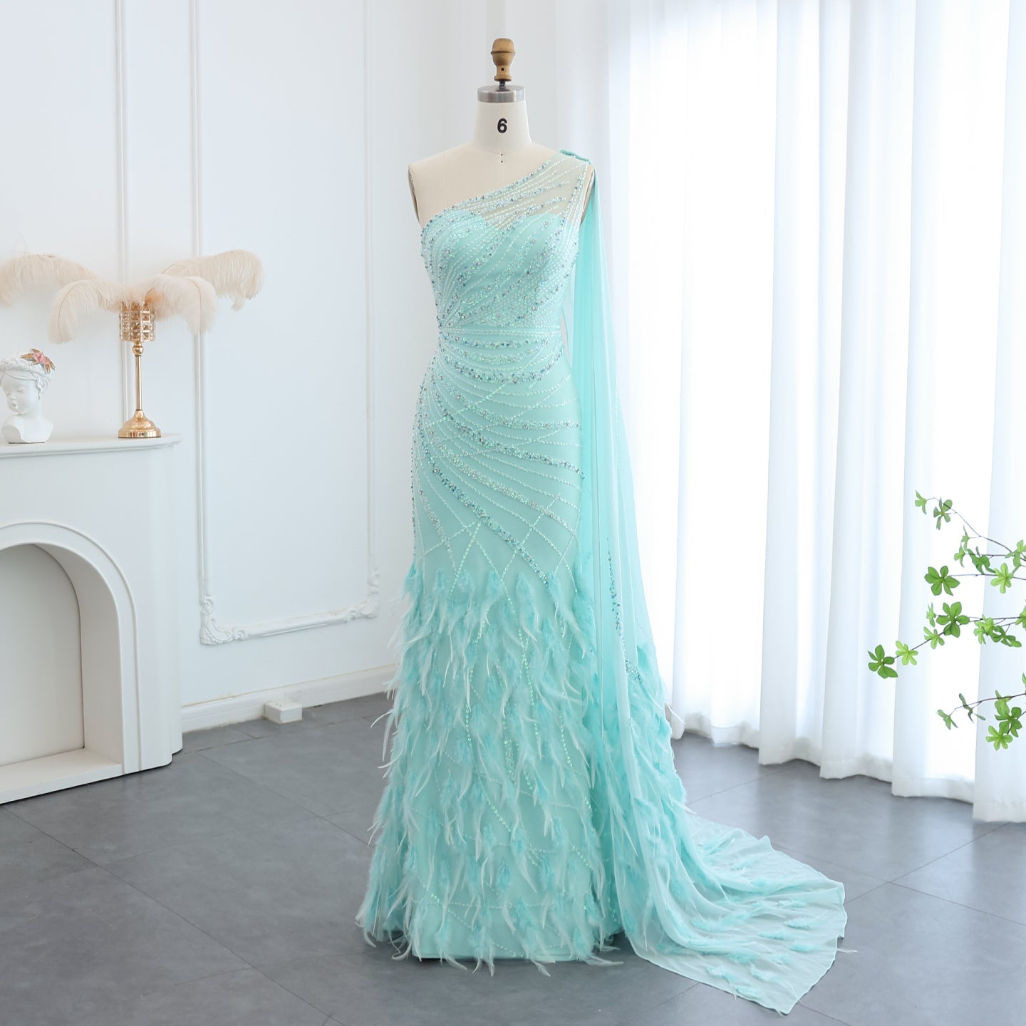 Turquoise One-Shoulder Mermaid Evening Dress with Beading & Feather SS498 Sheer Fairy