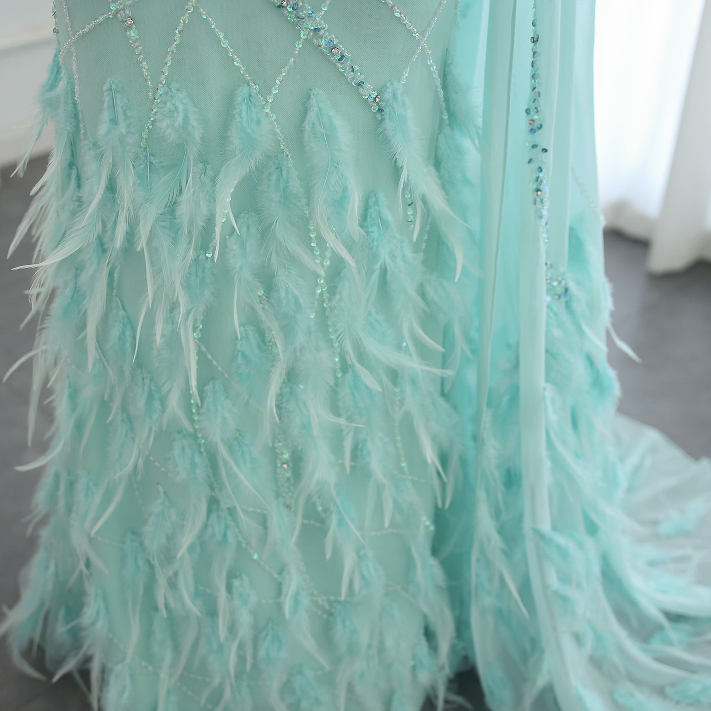 Turquoise One-Shoulder Mermaid Evening Dress with Beading & Feather SS498 Sheer Fairy