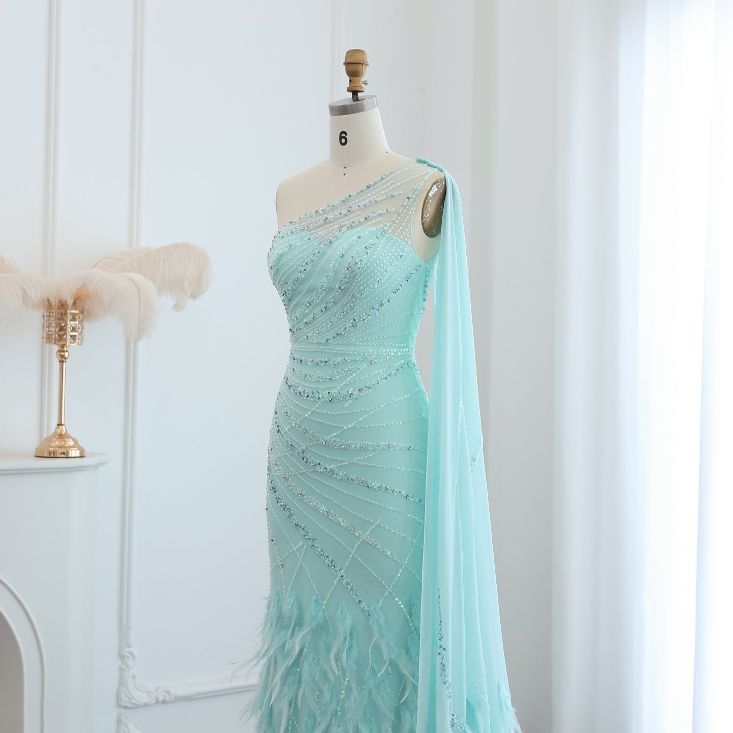 Turquoise One-Shoulder Mermaid Evening Dress with Beading & Feather SS498 Sheer Fairy
