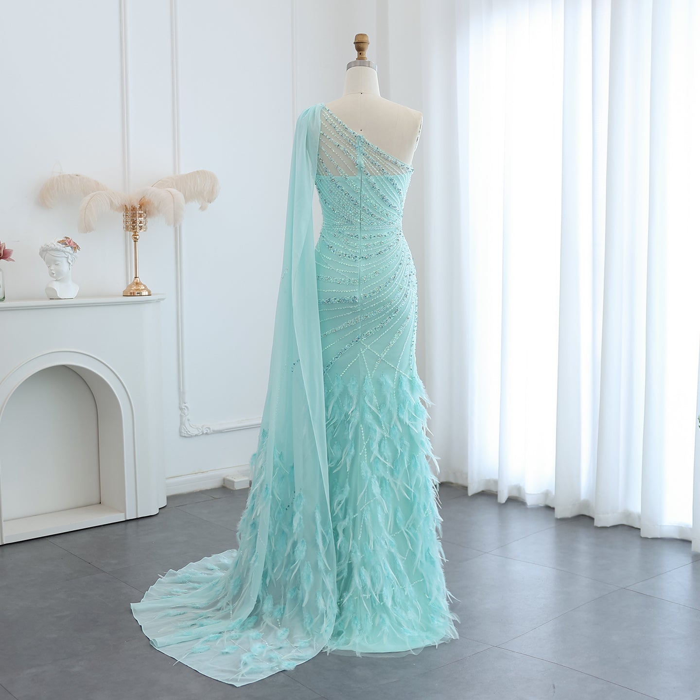 Turquoise One-Shoulder Mermaid Evening Dress with Beading & Feather SS498 Sheer Fairy