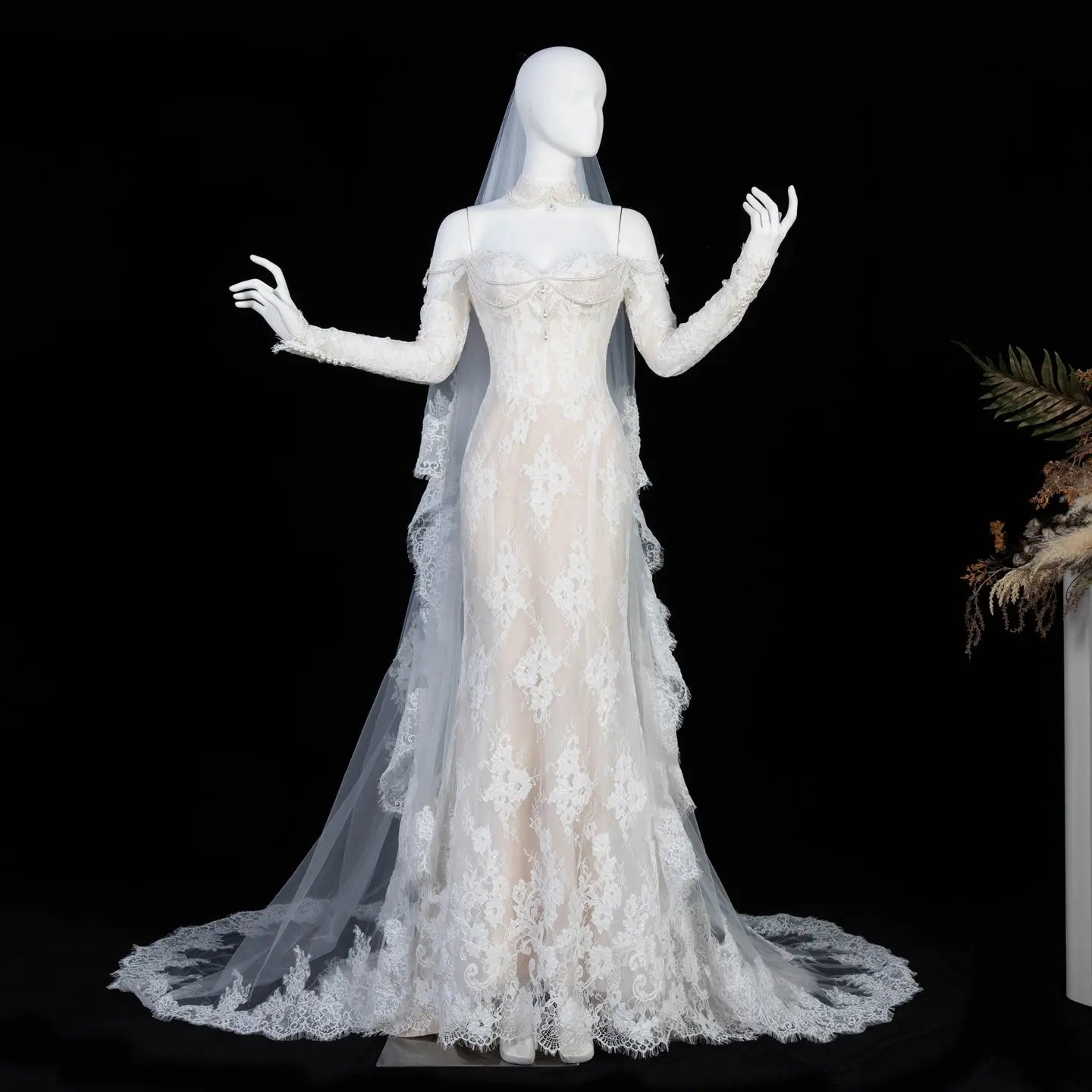 Ivory Lace Mermaid Off-the-Shoulder Long Sleeve Wedding Dress with 3D Floral SW171 Sheer Fairy