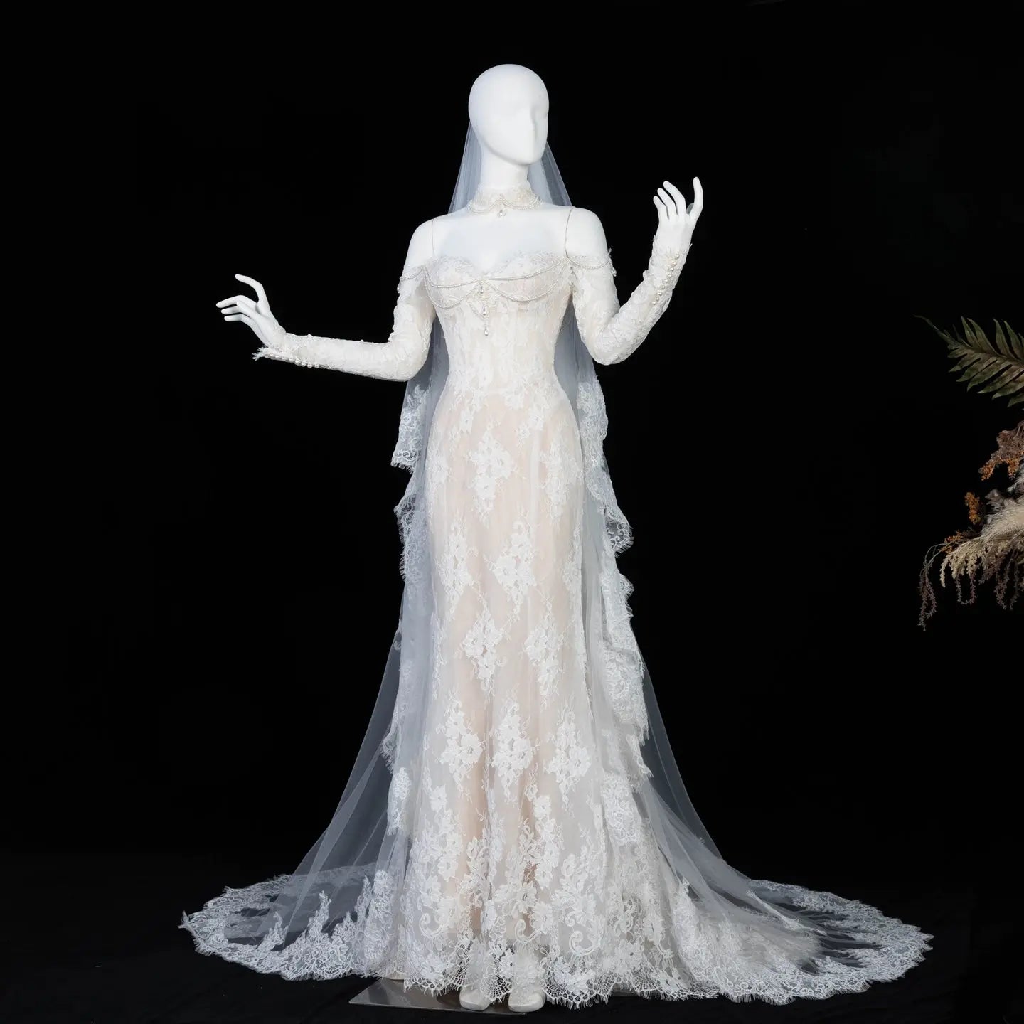 Ivory Lace Mermaid Off-the-Shoulder Long Sleeve Wedding Dress with 3D Floral SW171 Sheer Fairy