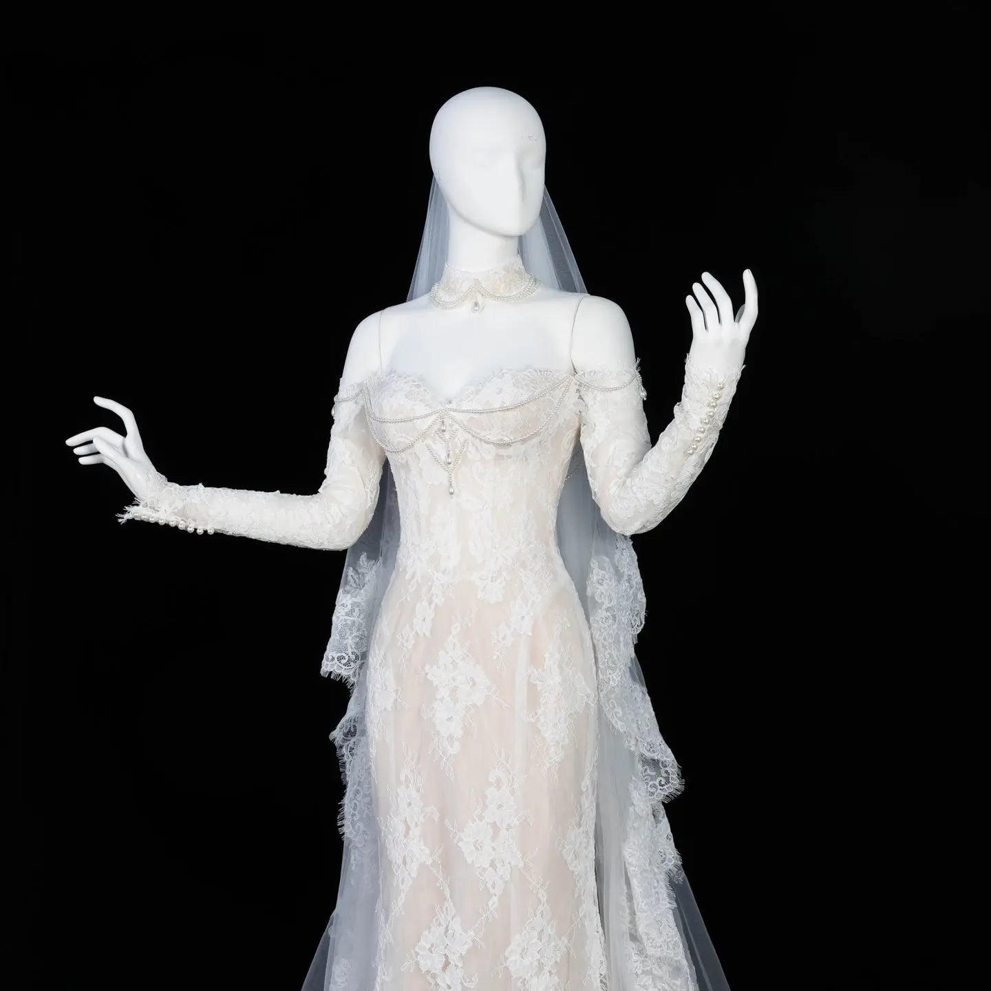 Ivory Lace Mermaid Off-the-Shoulder Long Sleeve Wedding Dress with 3D Floral SW171 Sheer Fairy
