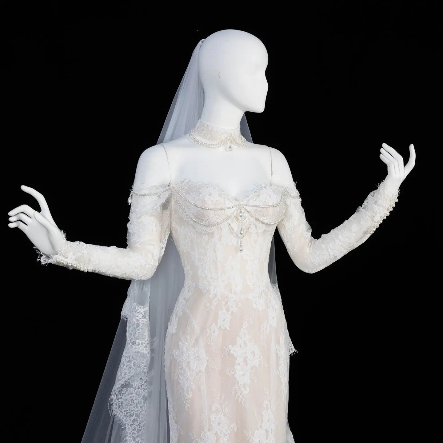 Ivory Lace Mermaid Off-the-Shoulder Long Sleeve Wedding Dress with 3D Floral SW171 Sheer Fairy