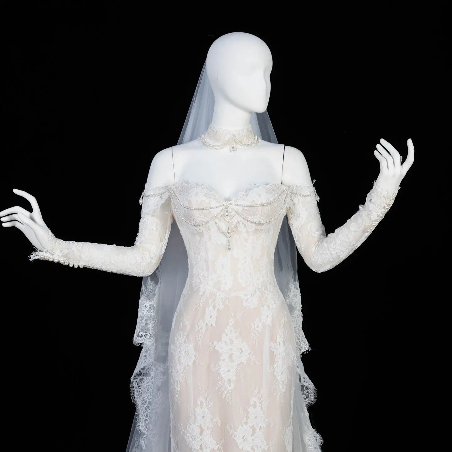 Ivory Lace Mermaid Off-the-Shoulder Long Sleeve Wedding Dress with 3D Floral SW171 Sheer Fairy