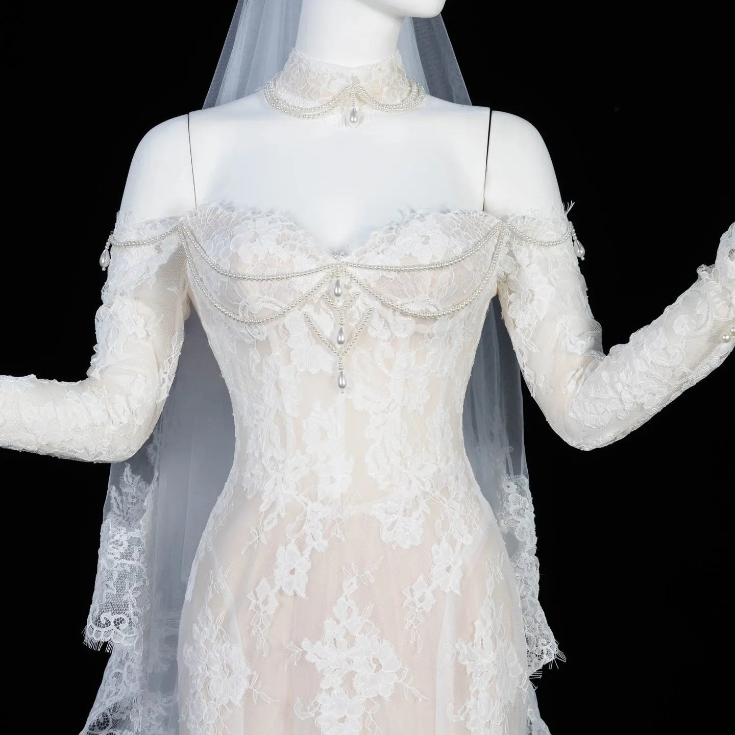Ivory Lace Mermaid Off-the-Shoulder Long Sleeve Wedding Dress with 3D Floral SW171 Sheer Fairy