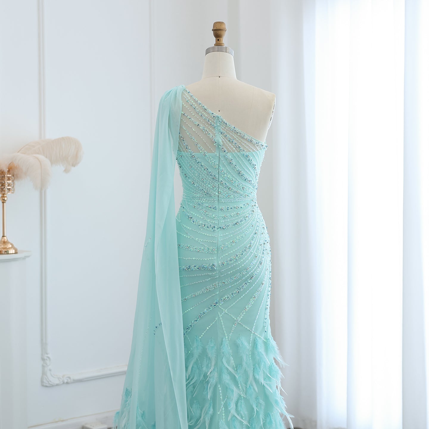 Turquoise One-Shoulder Mermaid Evening Dress with Beading & Feather SS498 Sheer Fairy