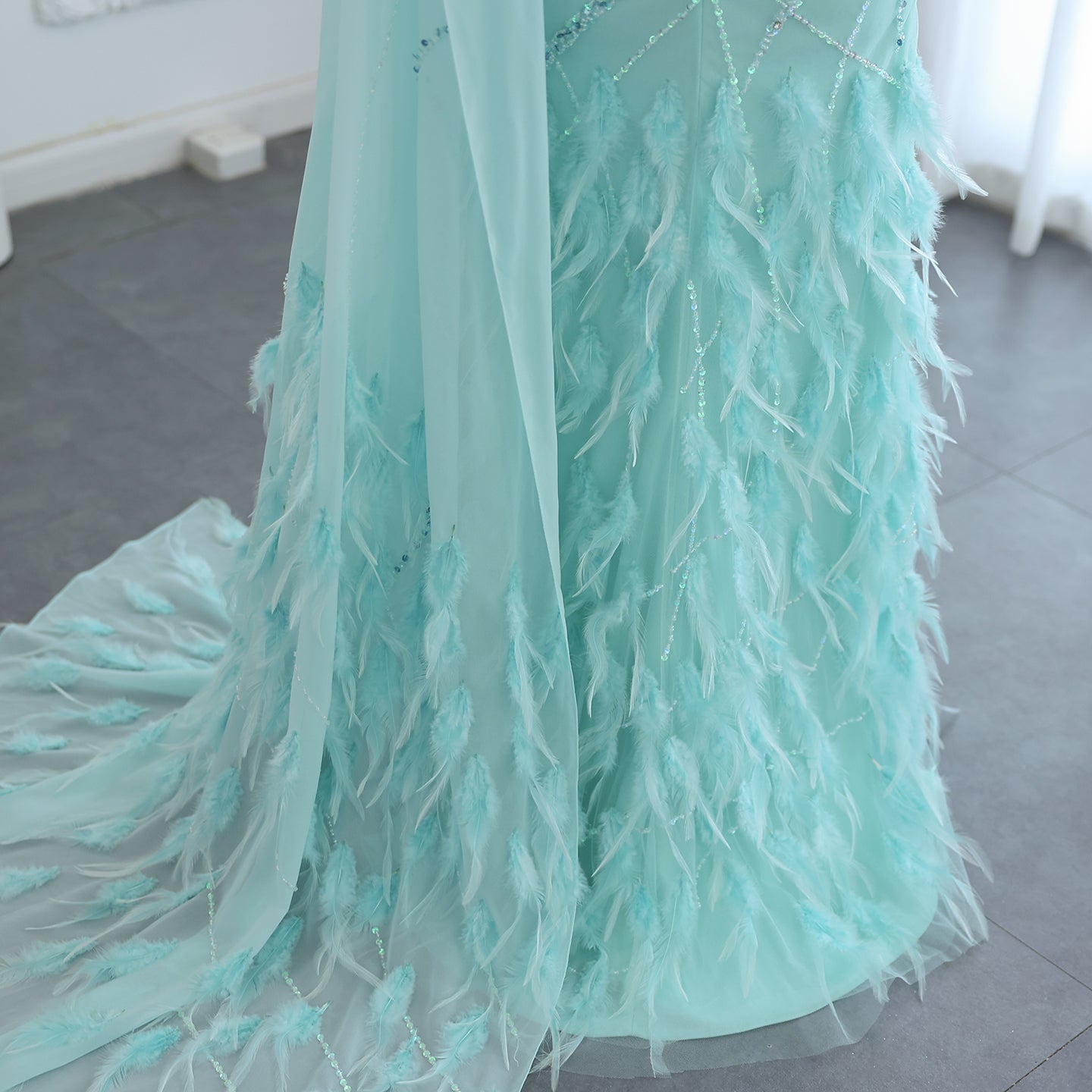 Turquoise One-Shoulder Mermaid Evening Dress with Beading & Feather SS498 Sheer Fairy
