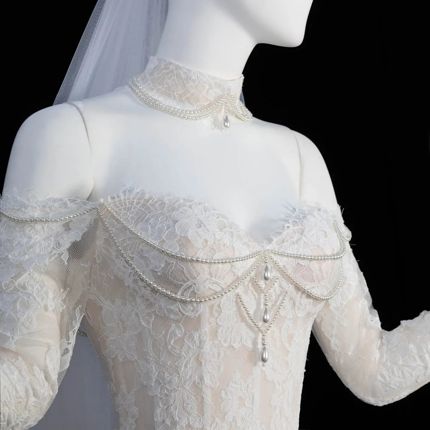 Ivory Lace Mermaid Off-the-Shoulder Long Sleeve Wedding Dress with 3D Floral SW171 Sheer Fairy