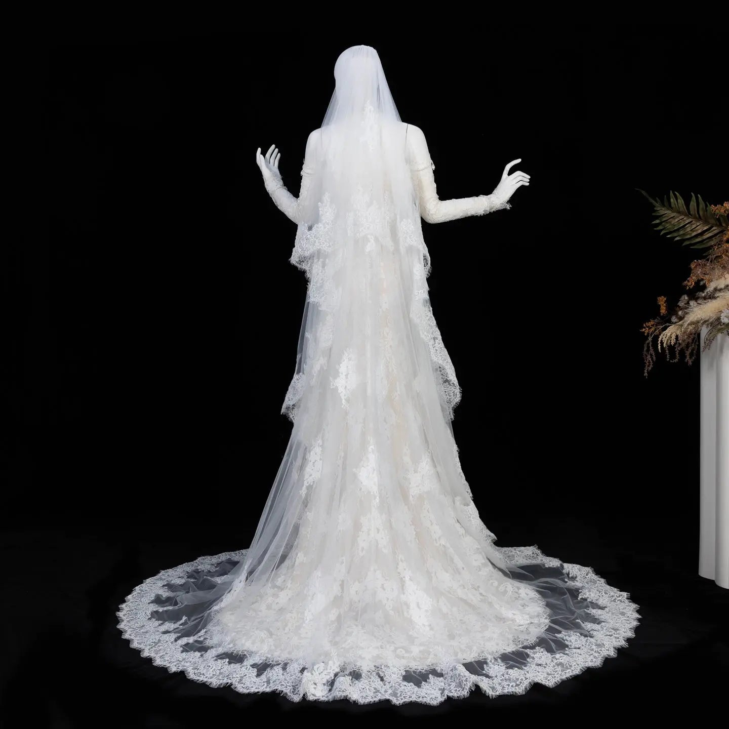 Ivory Lace Mermaid Off-the-Shoulder Long Sleeve Wedding Dress with 3D Floral SW171 Sheer Fairy