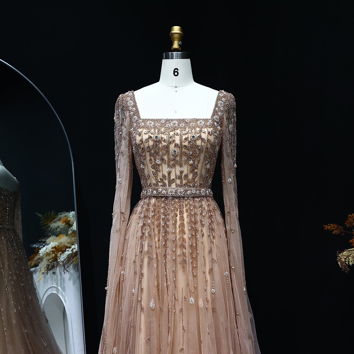 Luxury Caramel Beaded Cape Sleeve A-Line Evening Gown with Square Neck SS494 Sheer Fairy