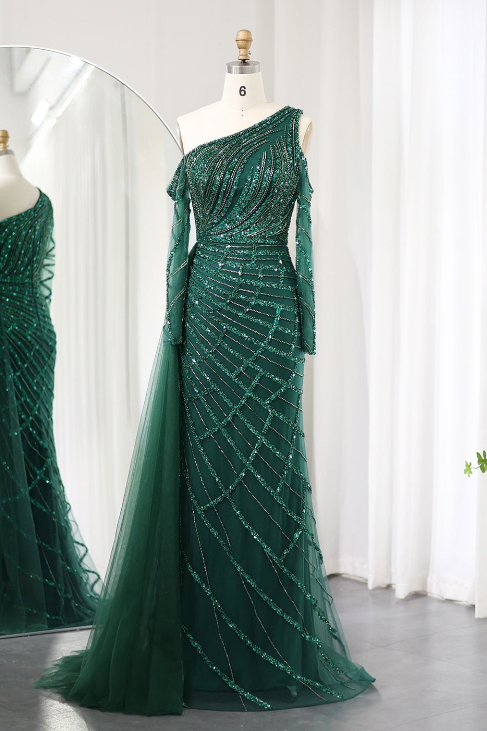 Emerald Green One Shoulder Evening Dress with Overskirt SS197 Sheer Fairy