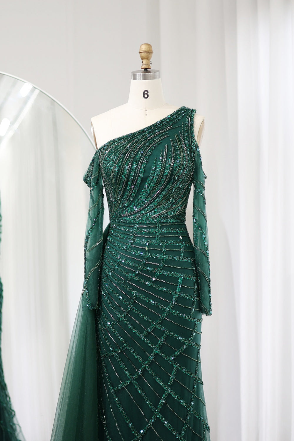 Emerald Green One Shoulder Evening Dress with Overskirt SS197 Sheer Fairy