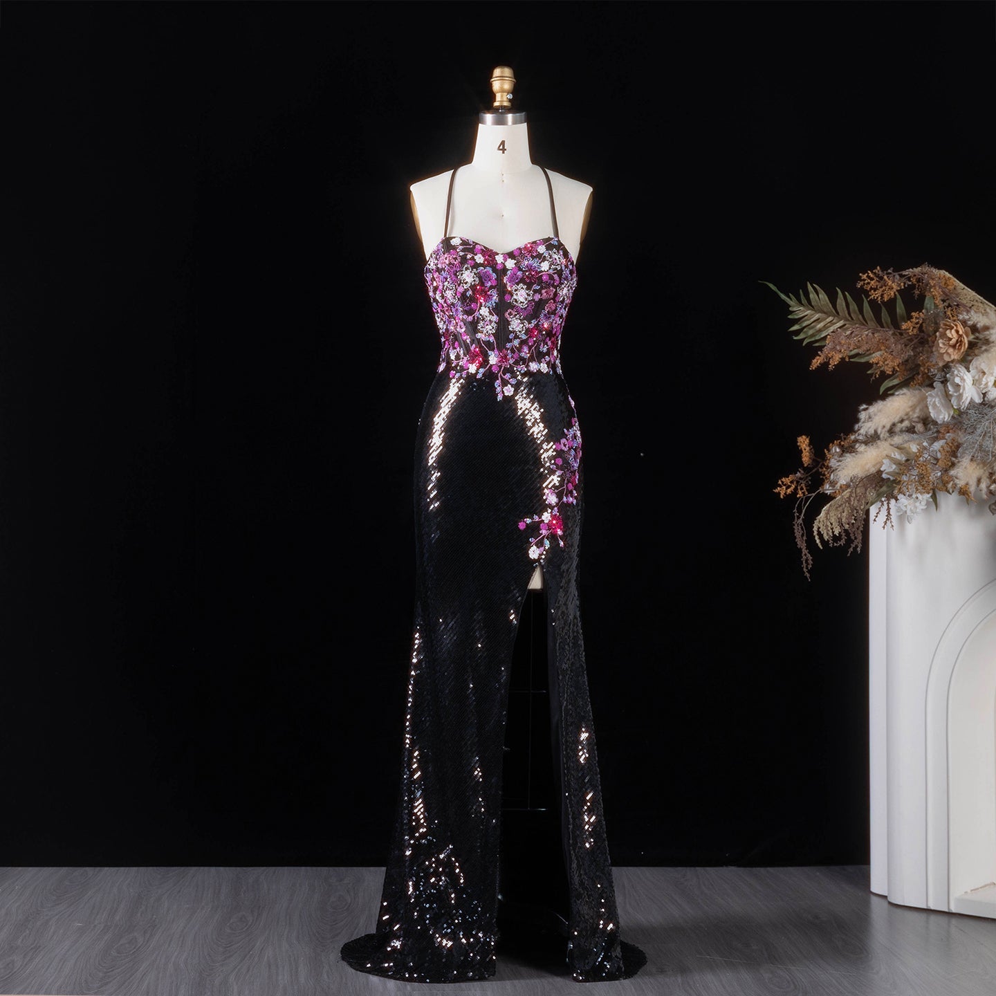 Romantic Black Full Sequin Multi-Tone Rhinestone Flower Fitted Prom Dress SH186 Sheer Fairy