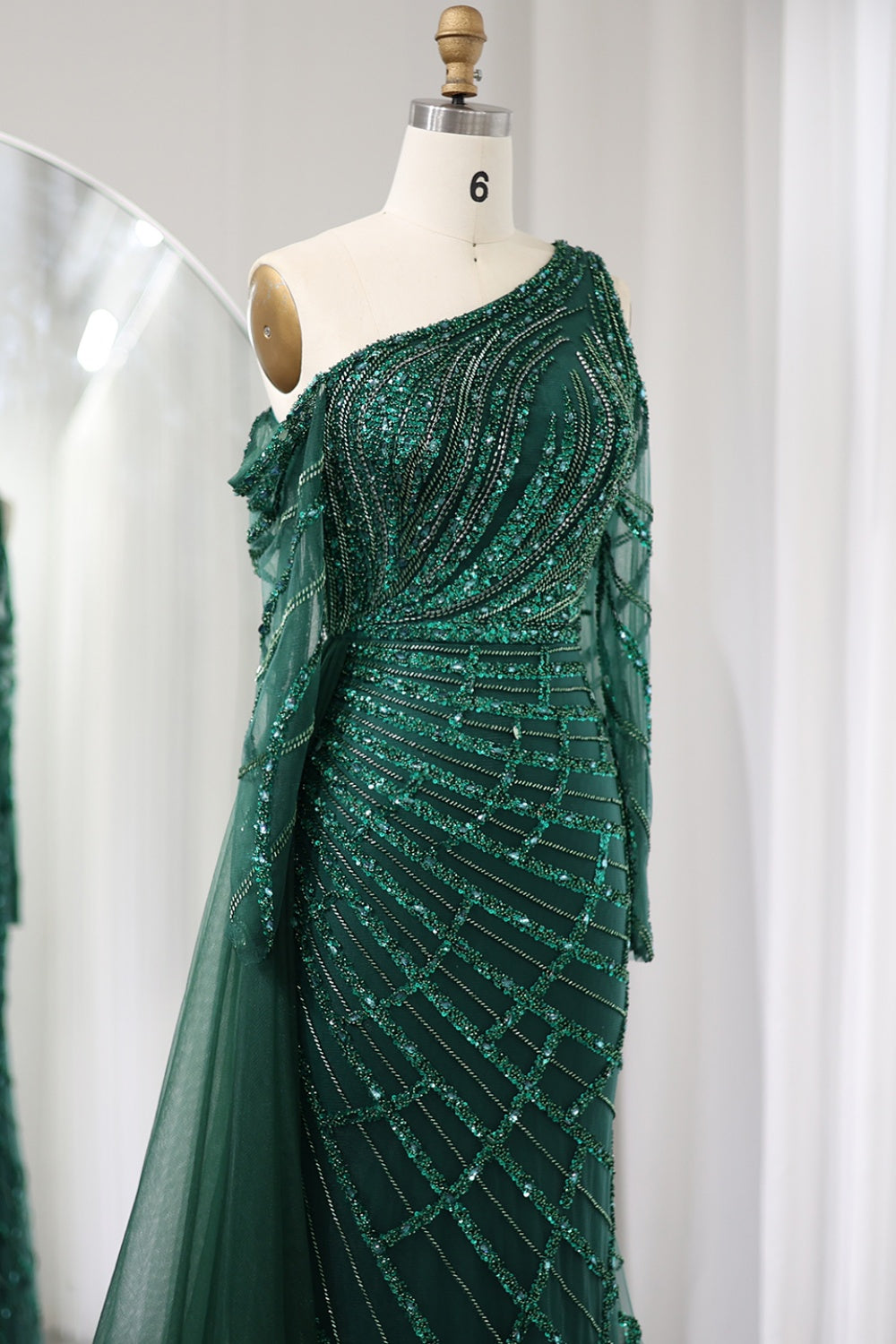 Emerald Green One Shoulder Evening Dress with Overskirt SS197 Sheer Fairy