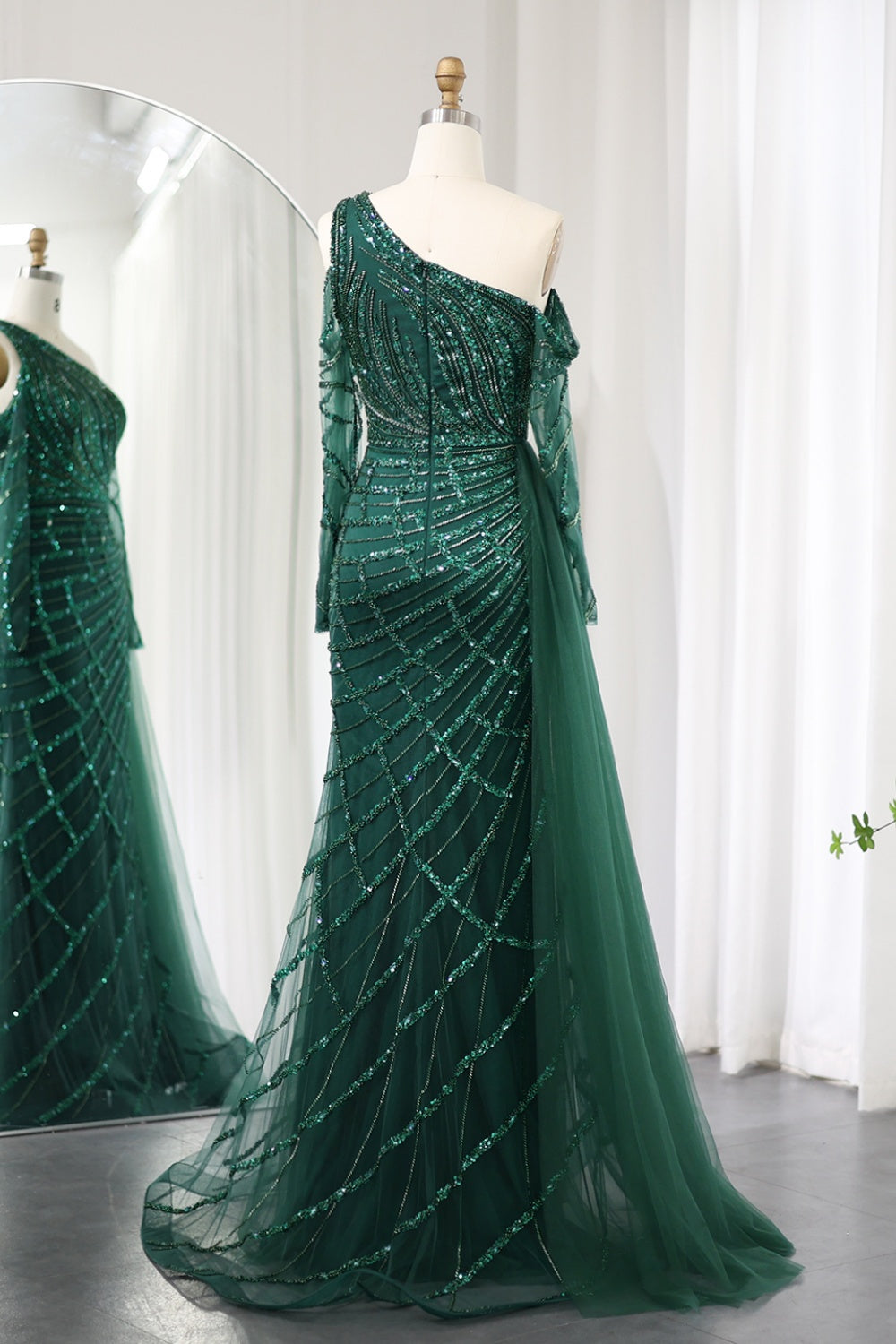 Emerald Green One Shoulder Evening Dress with Overskirt SS197 Sheer Fairy
