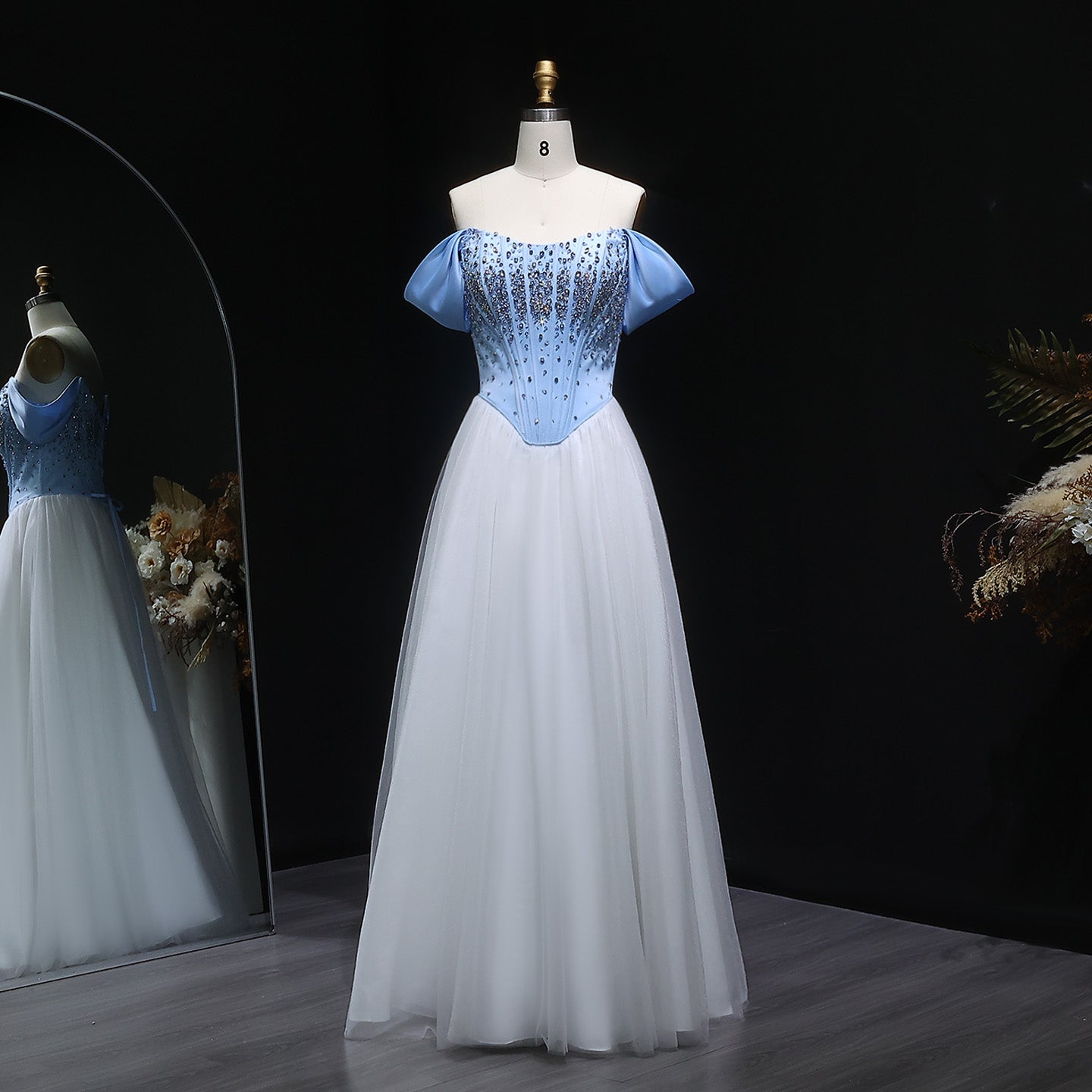 Blue and White Off-Shoulder Beaded Evening Dress SF247