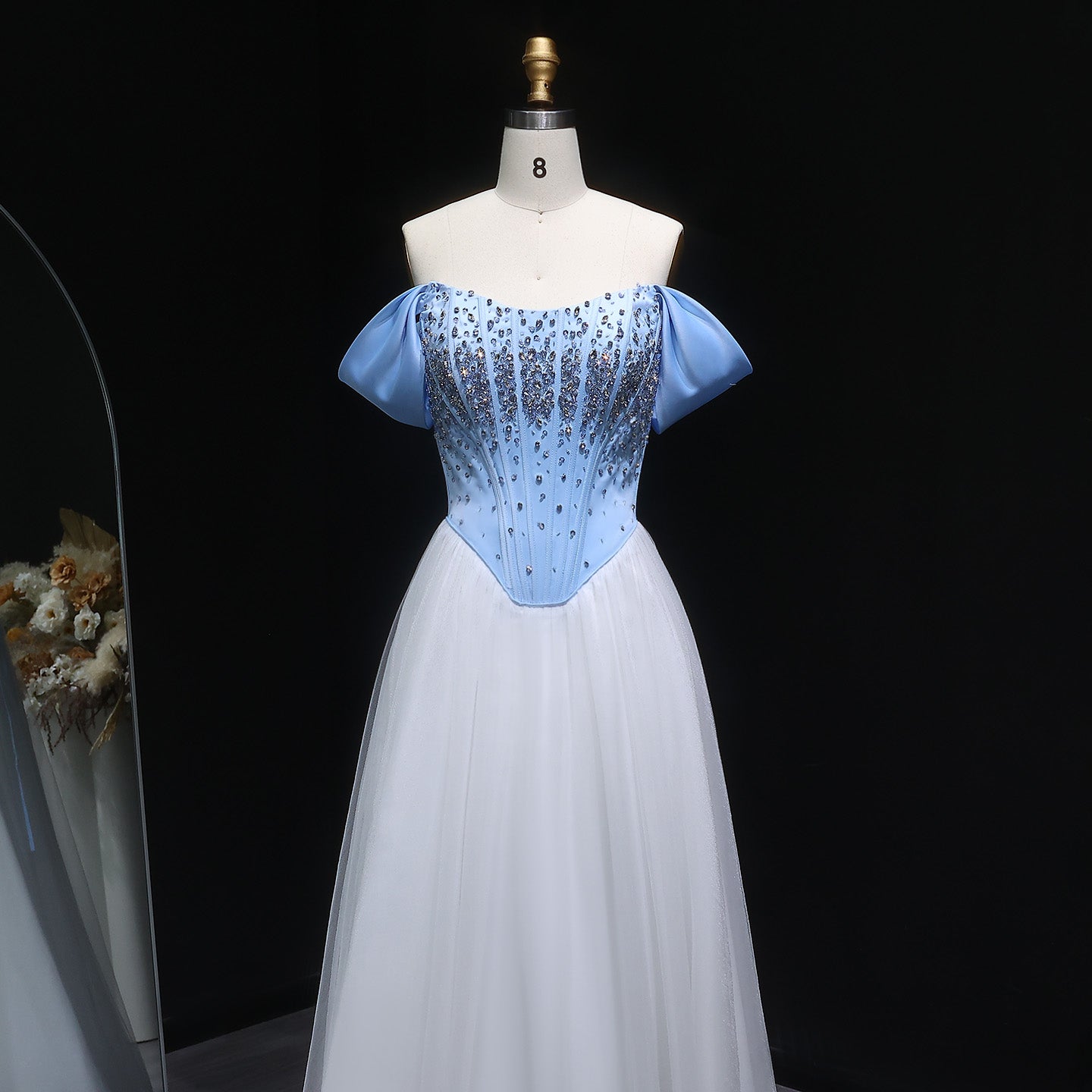 Blue and White Off-Shoulder Beaded Evening Dress SF247