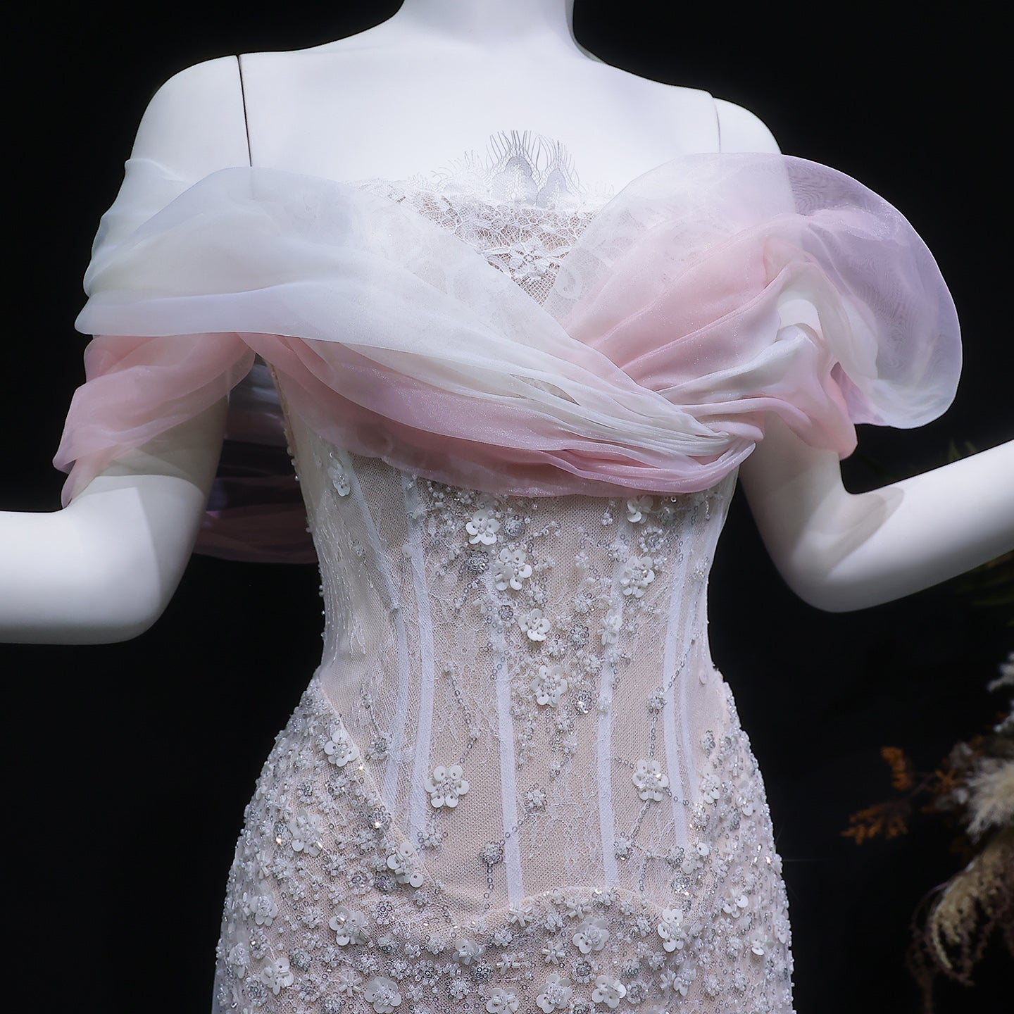 Blush Pink Off-the-Shoulder 3D Floral Beaded Mermaid Evening Gown with Tulle Overlay SS519 Sheer Fairy