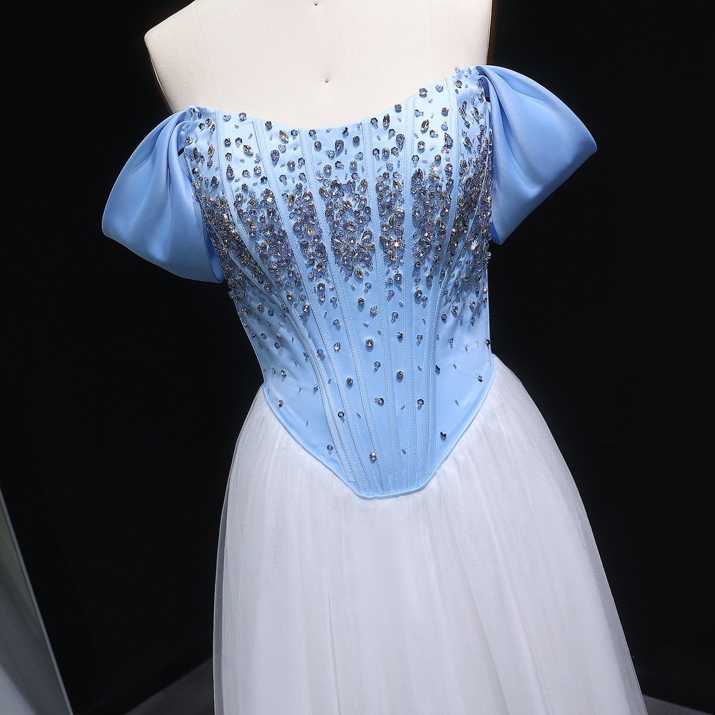 Blue and White Off-Shoulder Beaded Evening Dress SF247