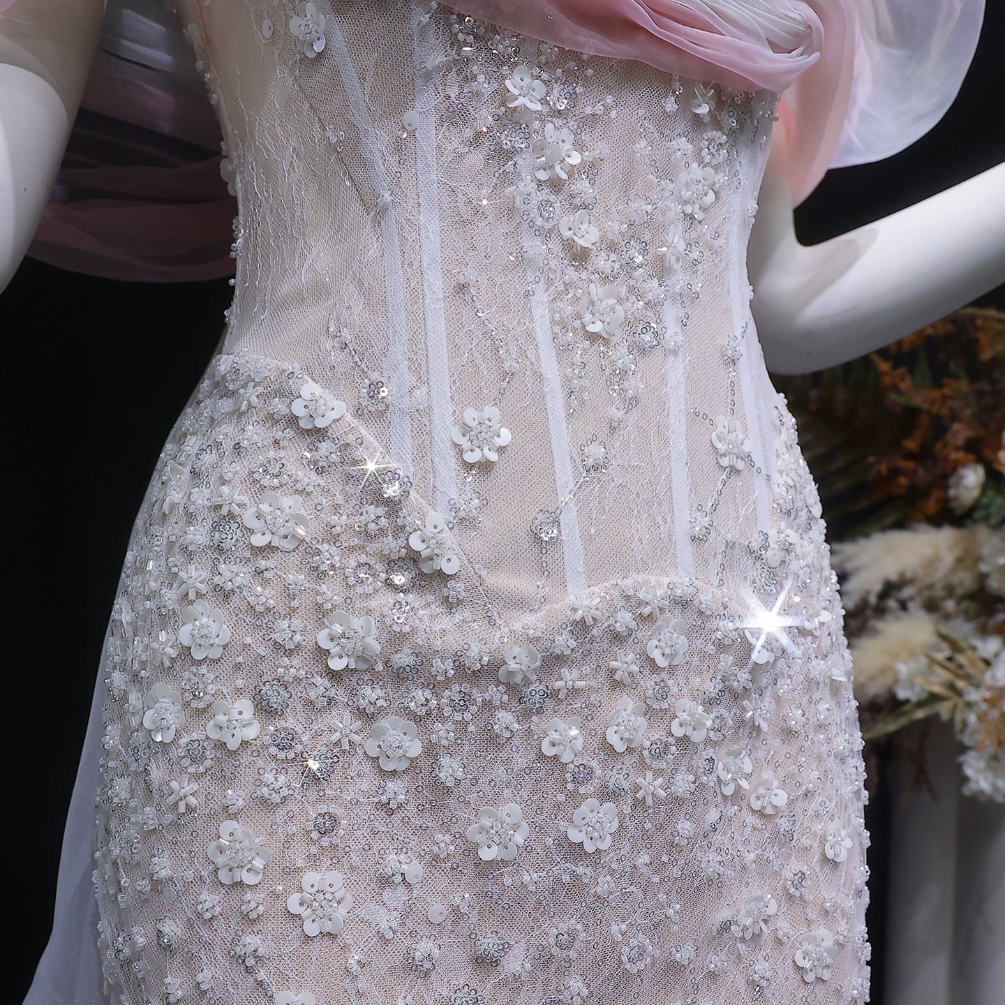 Blush Pink Off-the-Shoulder 3D Floral Beaded Mermaid Evening Gown with Tulle Overlay SS519 Sheer Fairy