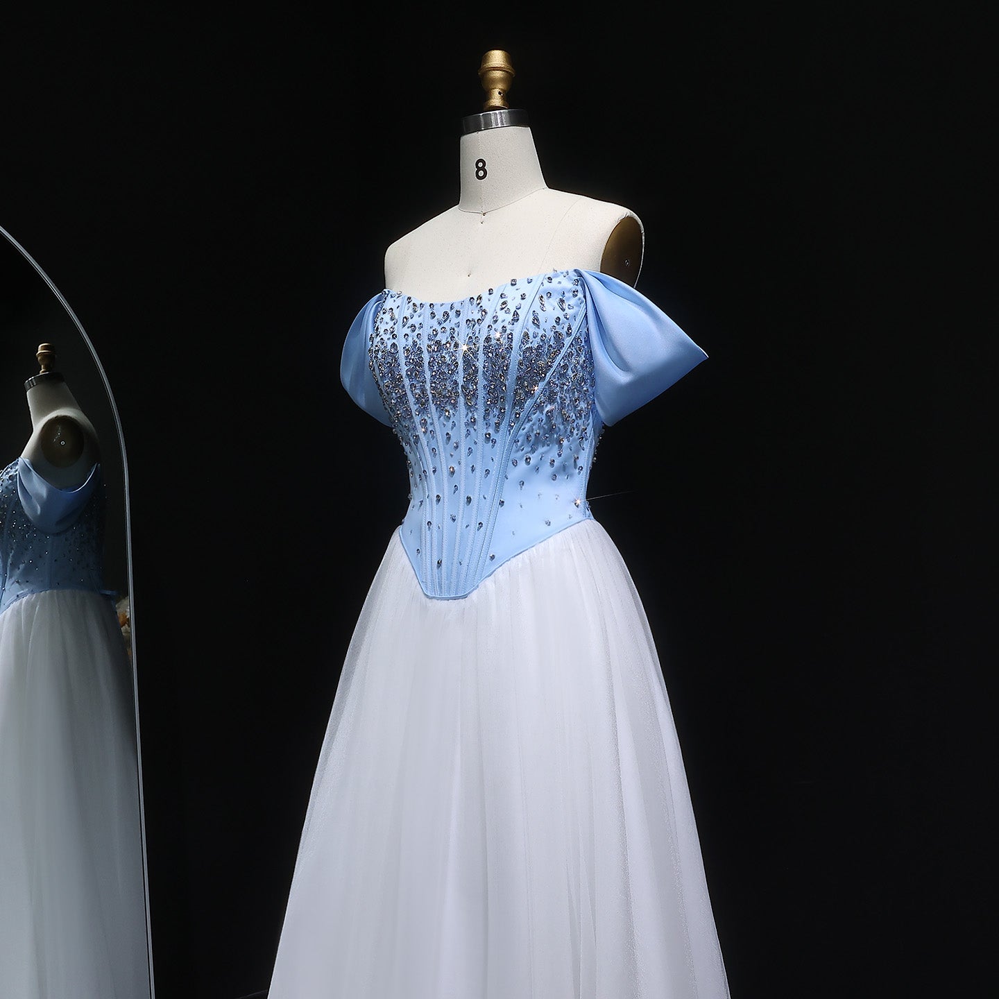 Blue and White Off-Shoulder Beaded Evening Dress SF247