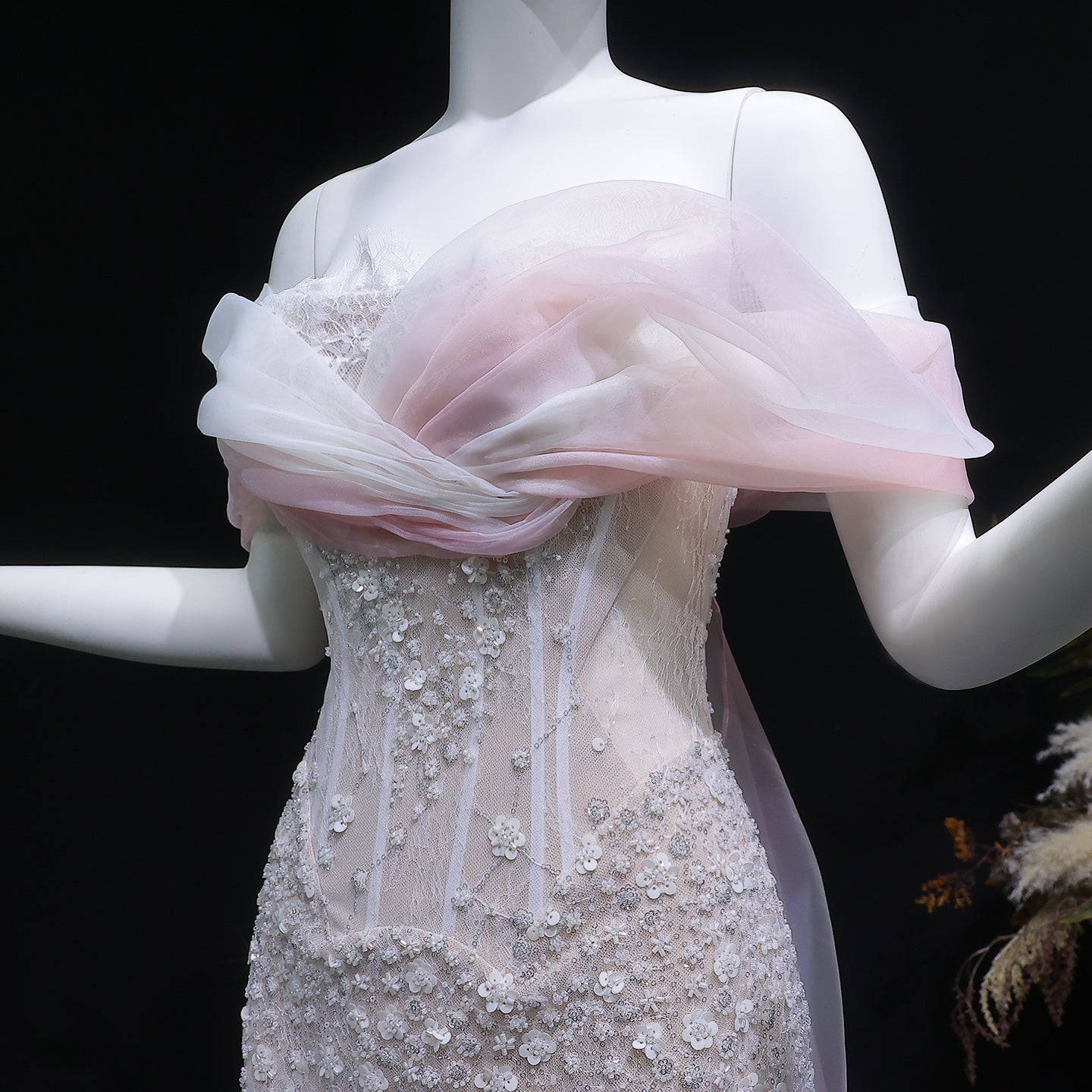 Blush Pink Off-the-Shoulder 3D Floral Beaded Mermaid Evening Gown with Tulle Overlay SS519 Sheer Fairy