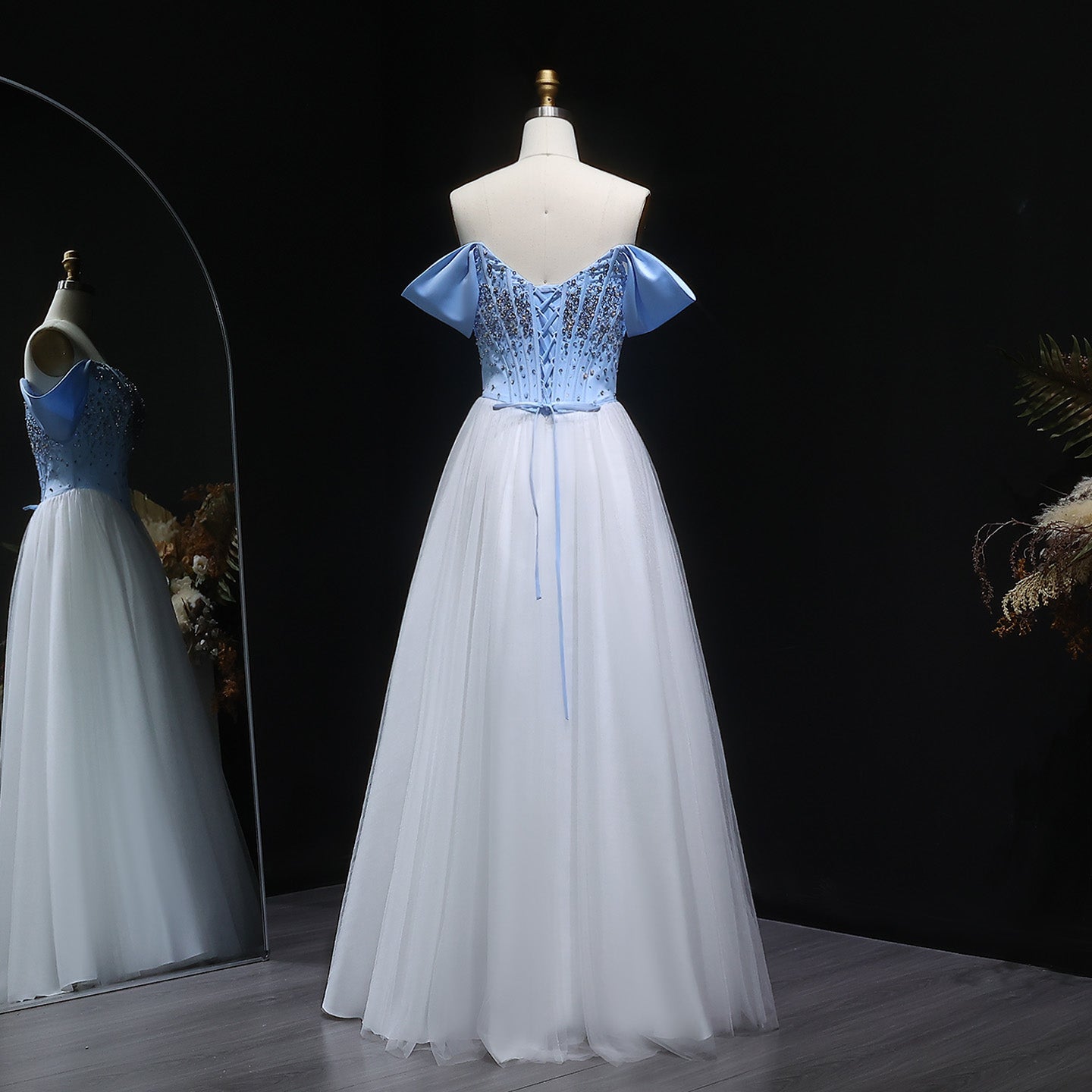 Blue and White Off-Shoulder Beaded Evening Dress SF247