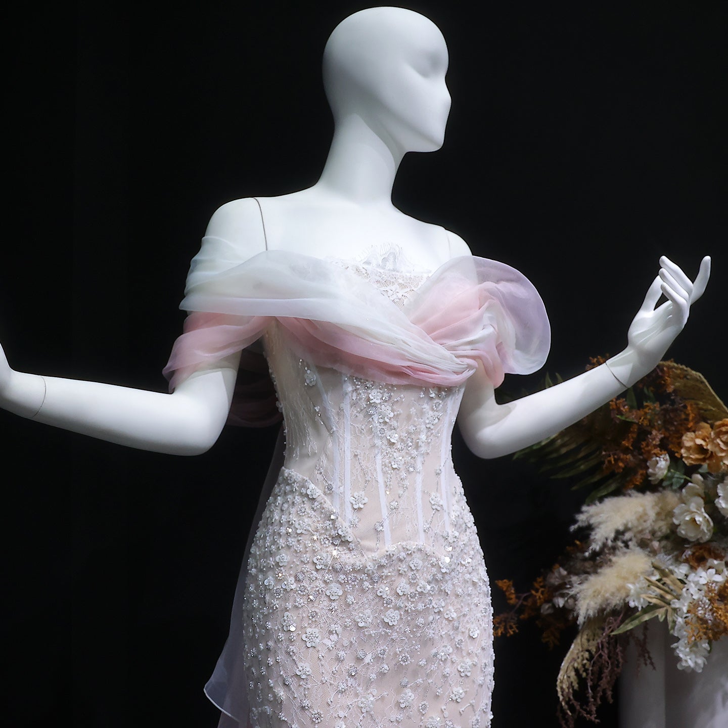 Blush Pink Off-the-Shoulder 3D Floral Beaded Mermaid Evening Gown with Tulle Overlay SS519 Sheer Fairy