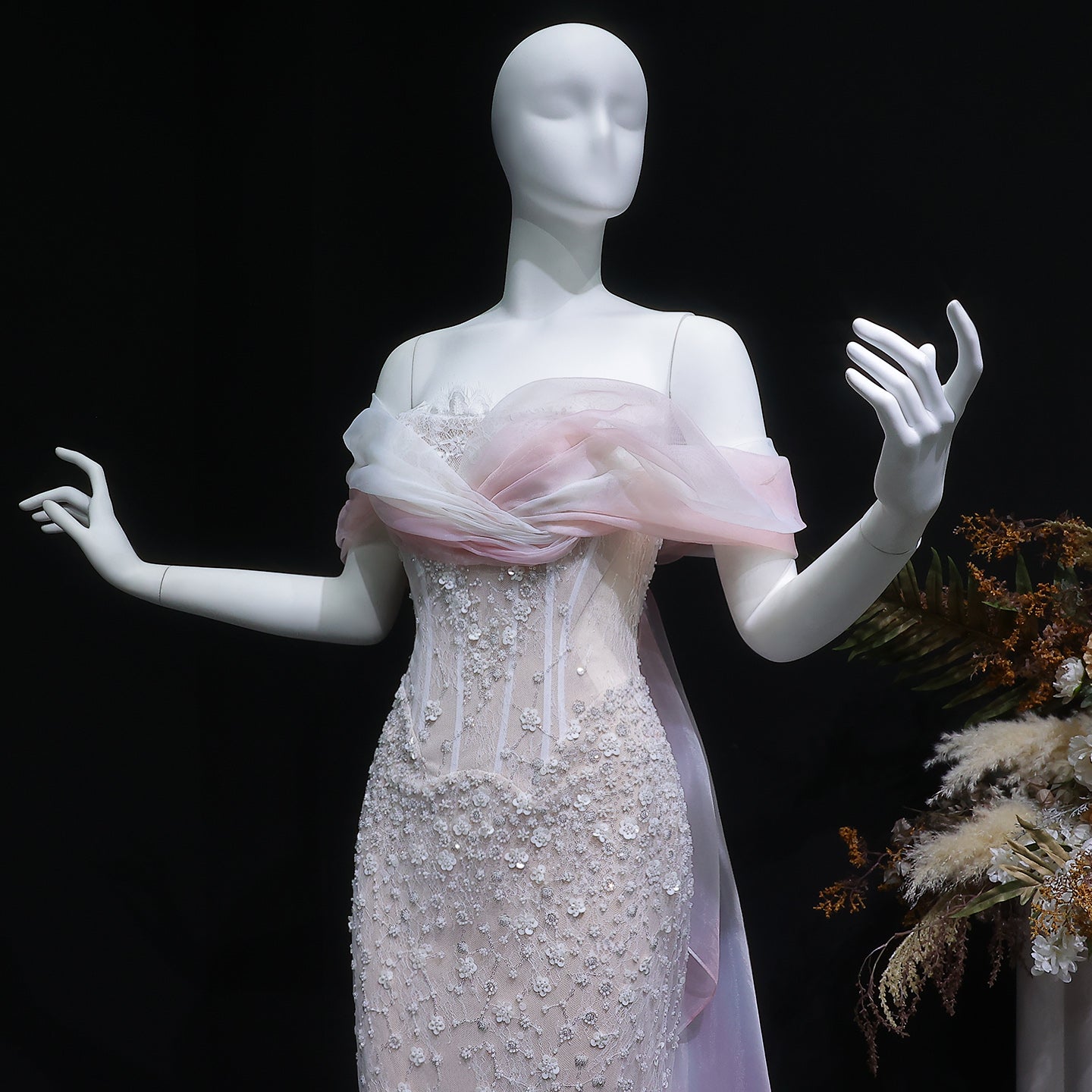 Blush Pink Off-the-Shoulder 3D Floral Beaded Mermaid Evening Gown with Tulle Overlay SS519 Sheer Fairy