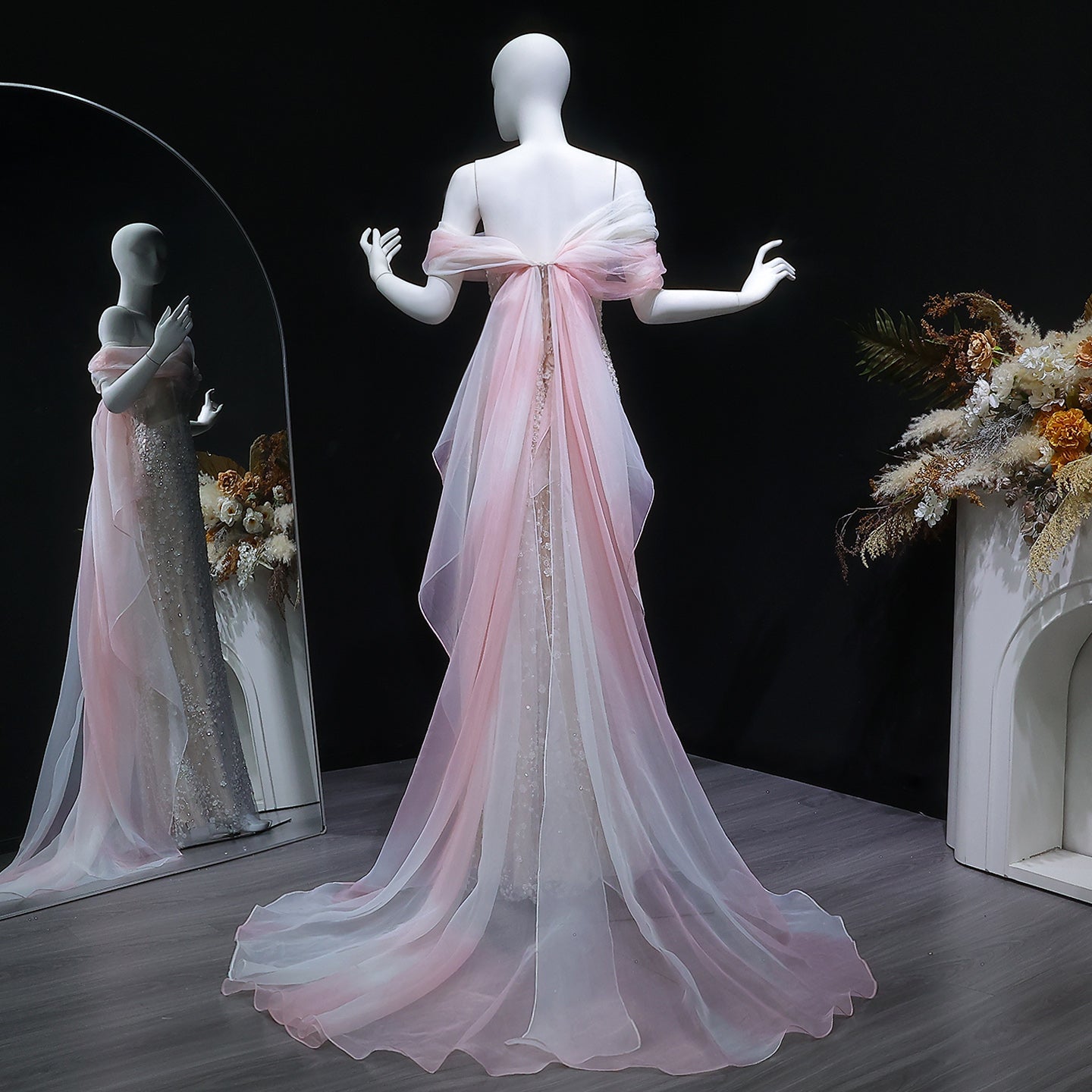 Blush Pink Off-the-Shoulder 3D Floral Beaded Mermaid Evening Gown with Tulle Overlay SS519 Sheer Fairy