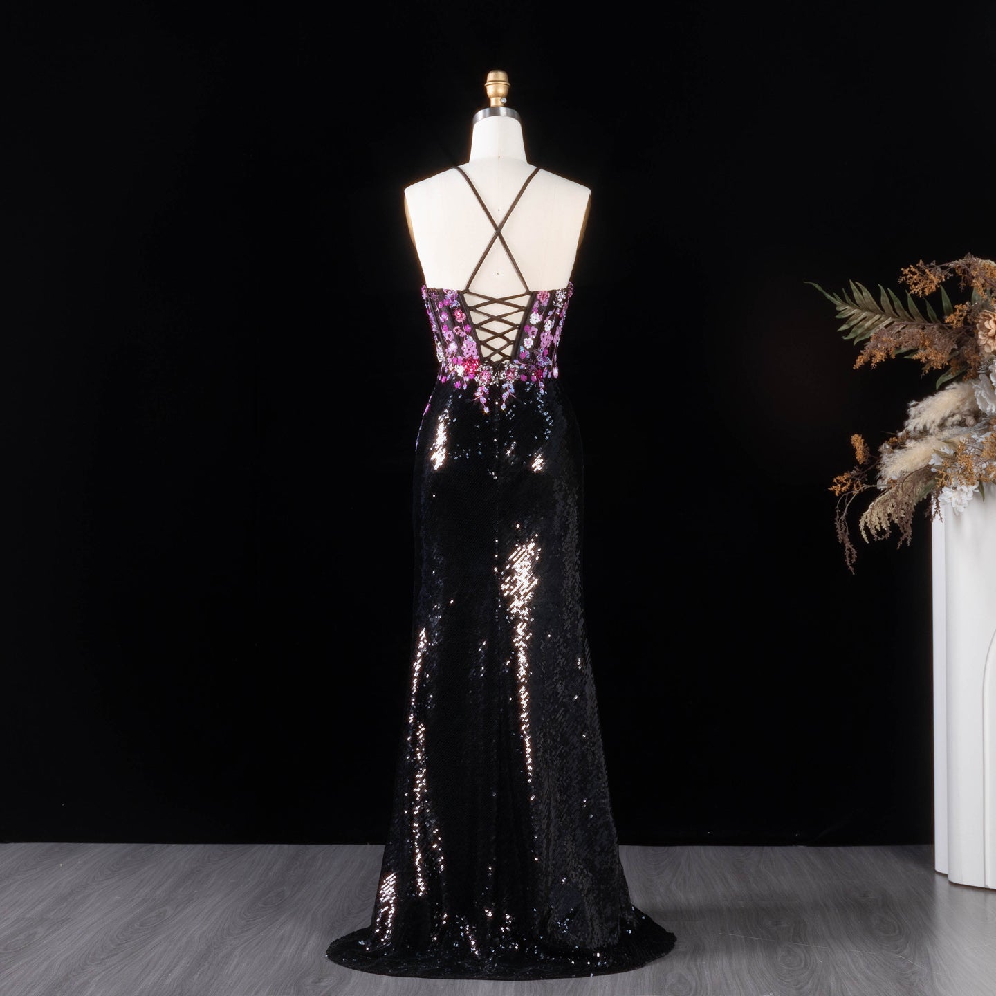 Romantic Black Full Sequin Multi-Tone Rhinestone Flower Fitted Prom Dress SH186 Sheer Fairy