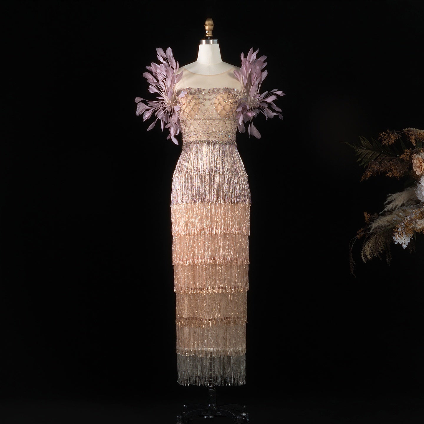 Sheer Lattice Beaded Tiered Fringe Lilac Evening Dress with 3D Floral SS379 Sheer Fairy