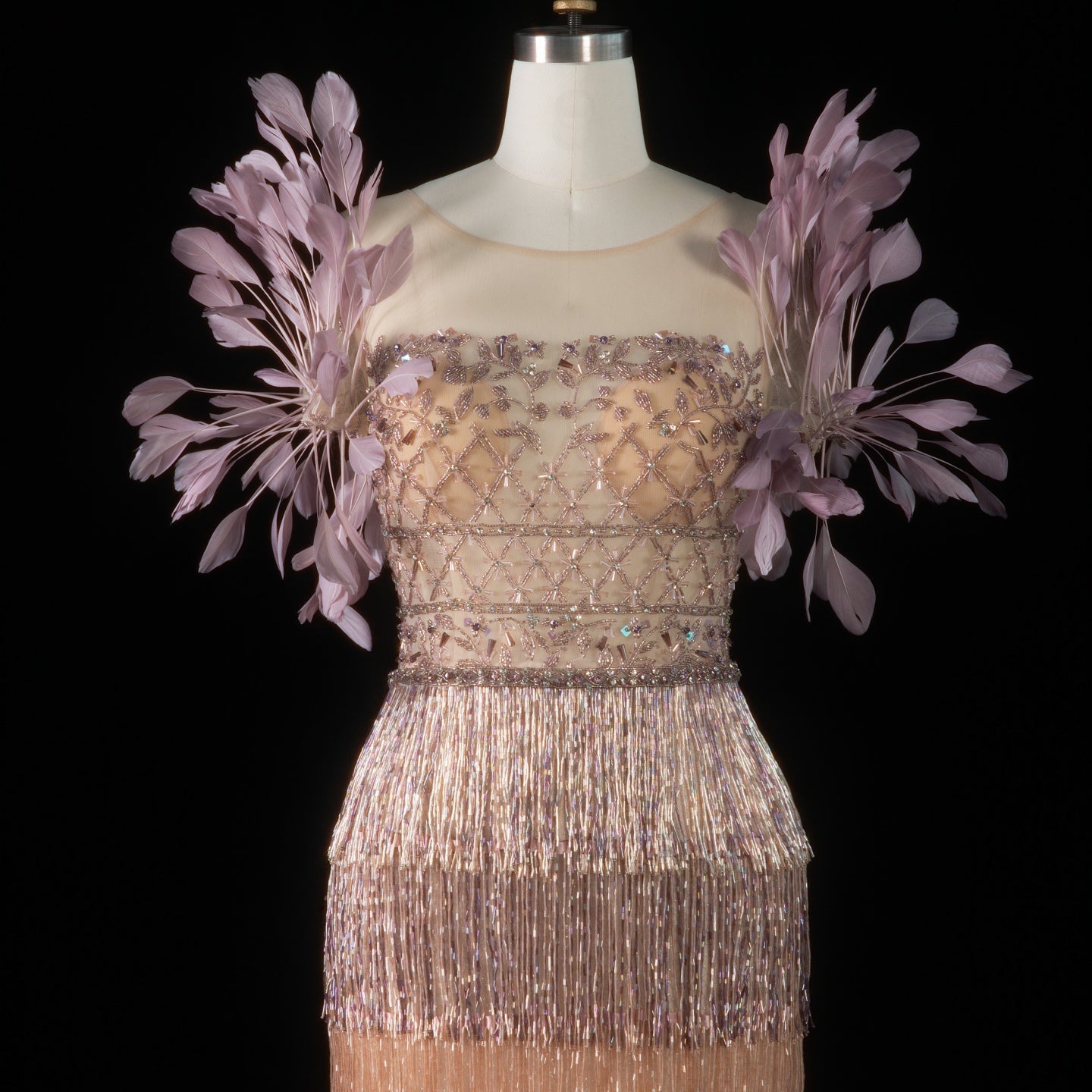 Sheer Lattice Beaded Tiered Fringe Lilac Evening Dress with 3D Floral SS379 Sheer Fairy