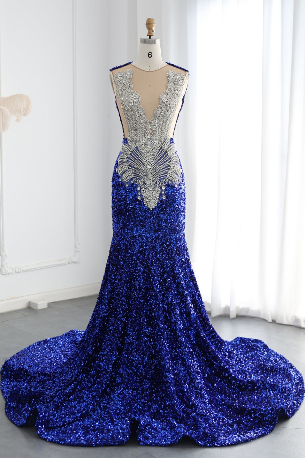 Rhinestone Sequined Plunging V-Neck Mermaid Prom Dress SH018 Sheer Fairy