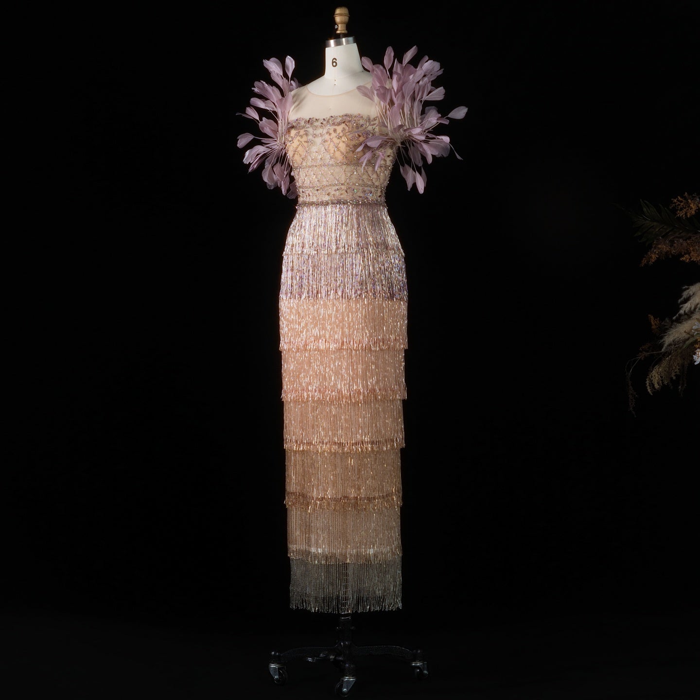 Sheer Lattice Beaded Tiered Fringe Lilac Evening Dress with 3D Floral SS379 Sheer Fairy