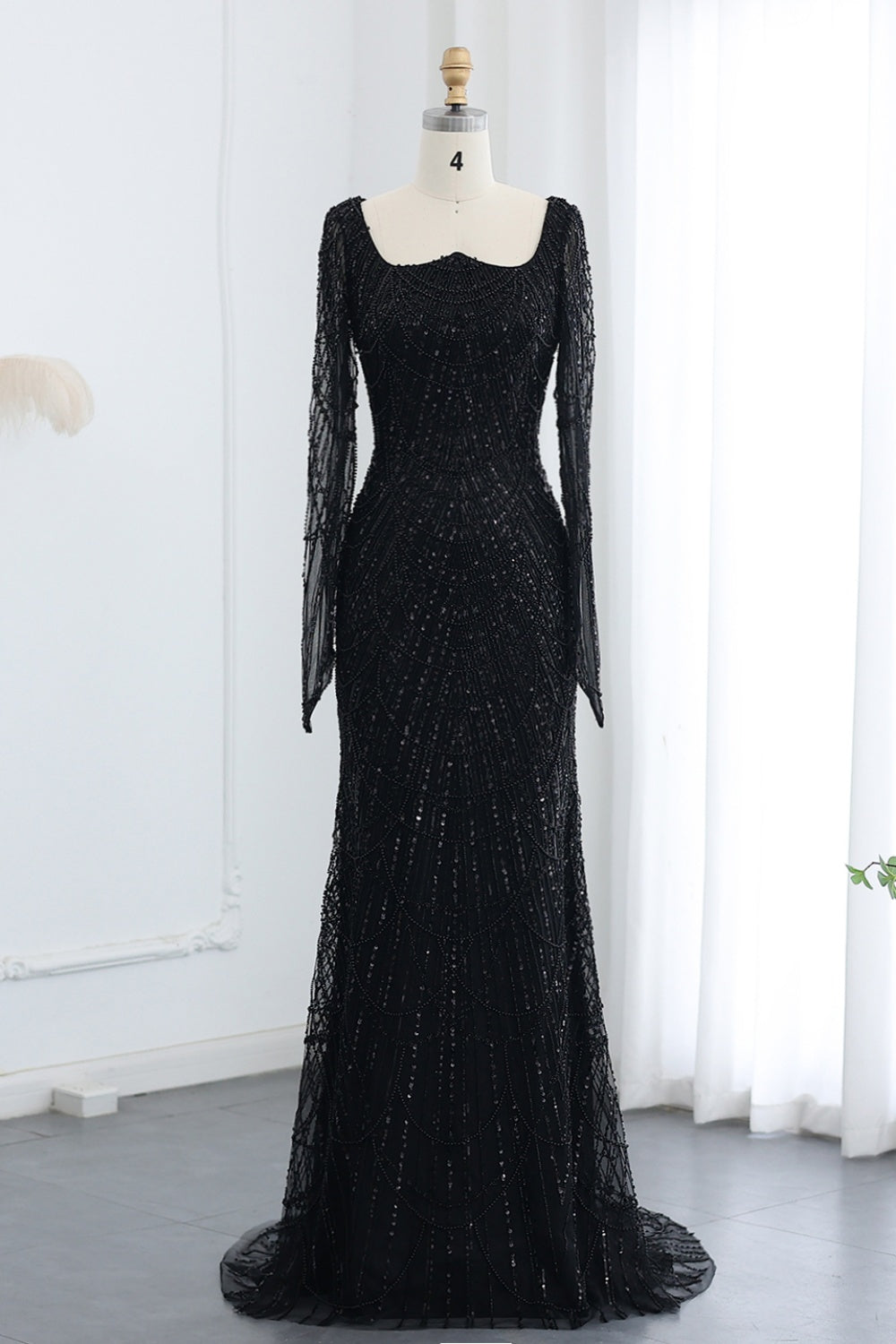 Luxury Beaded Champagne Long Sleeves Mermaid Evening Dress SS686 Sheer Fairy