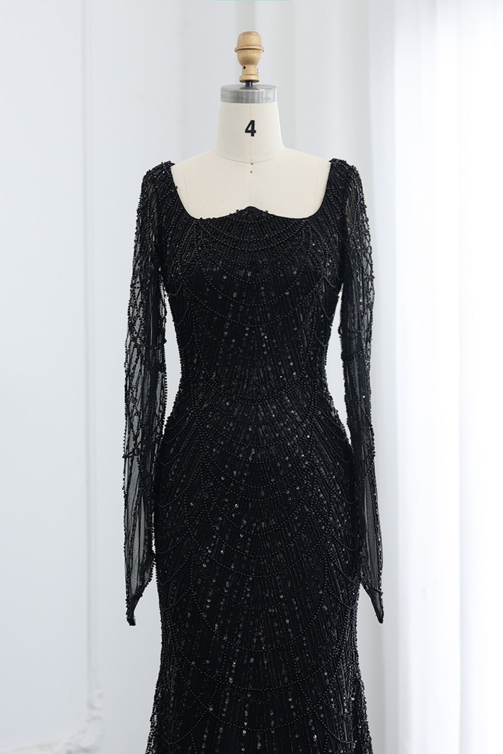 Luxury Beaded Champagne Long Sleeves Mermaid Evening Dress SS686 Sheer Fairy