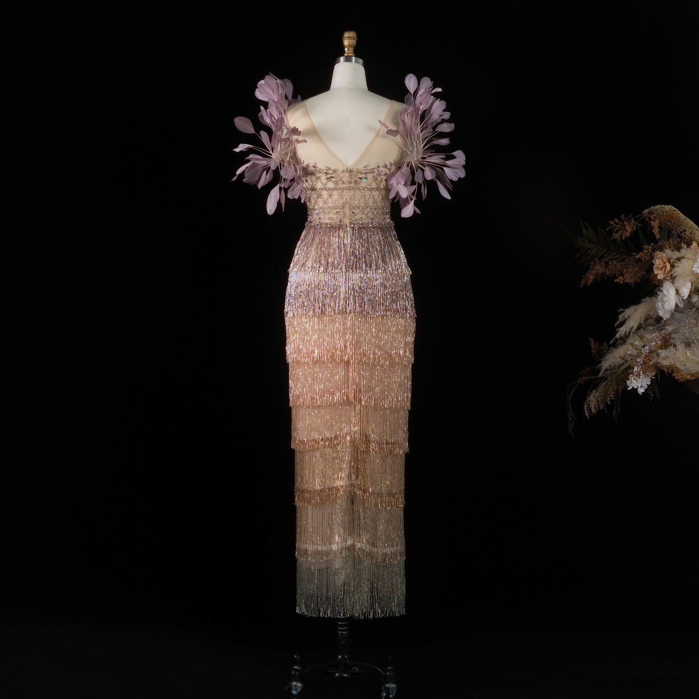 Sheer Lattice Beaded Tiered Fringe Lilac Evening Dress with 3D Floral SS379 Sheer Fairy