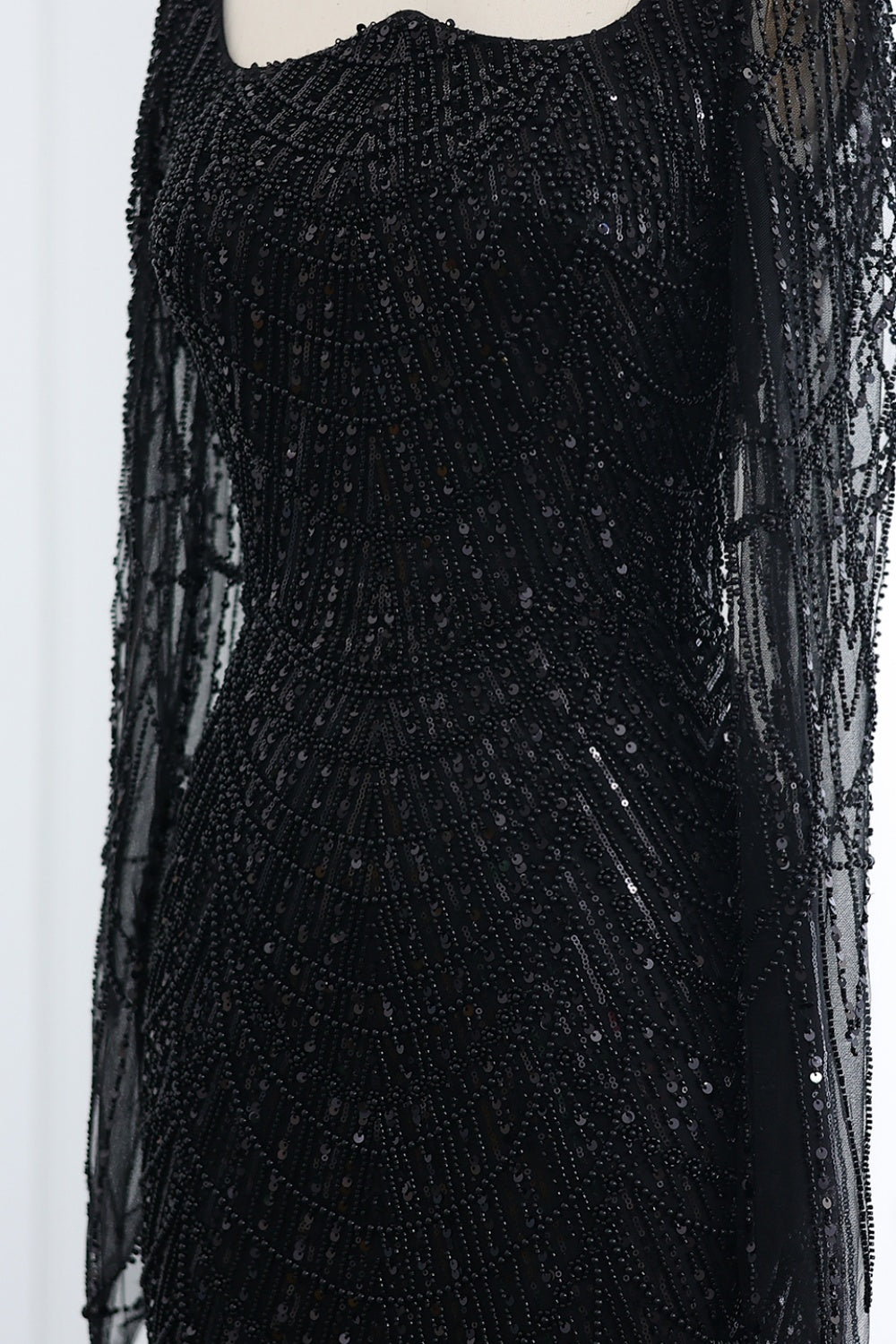 Luxury Beaded Champagne Long Sleeves Mermaid Evening Dress SS686 Sheer Fairy