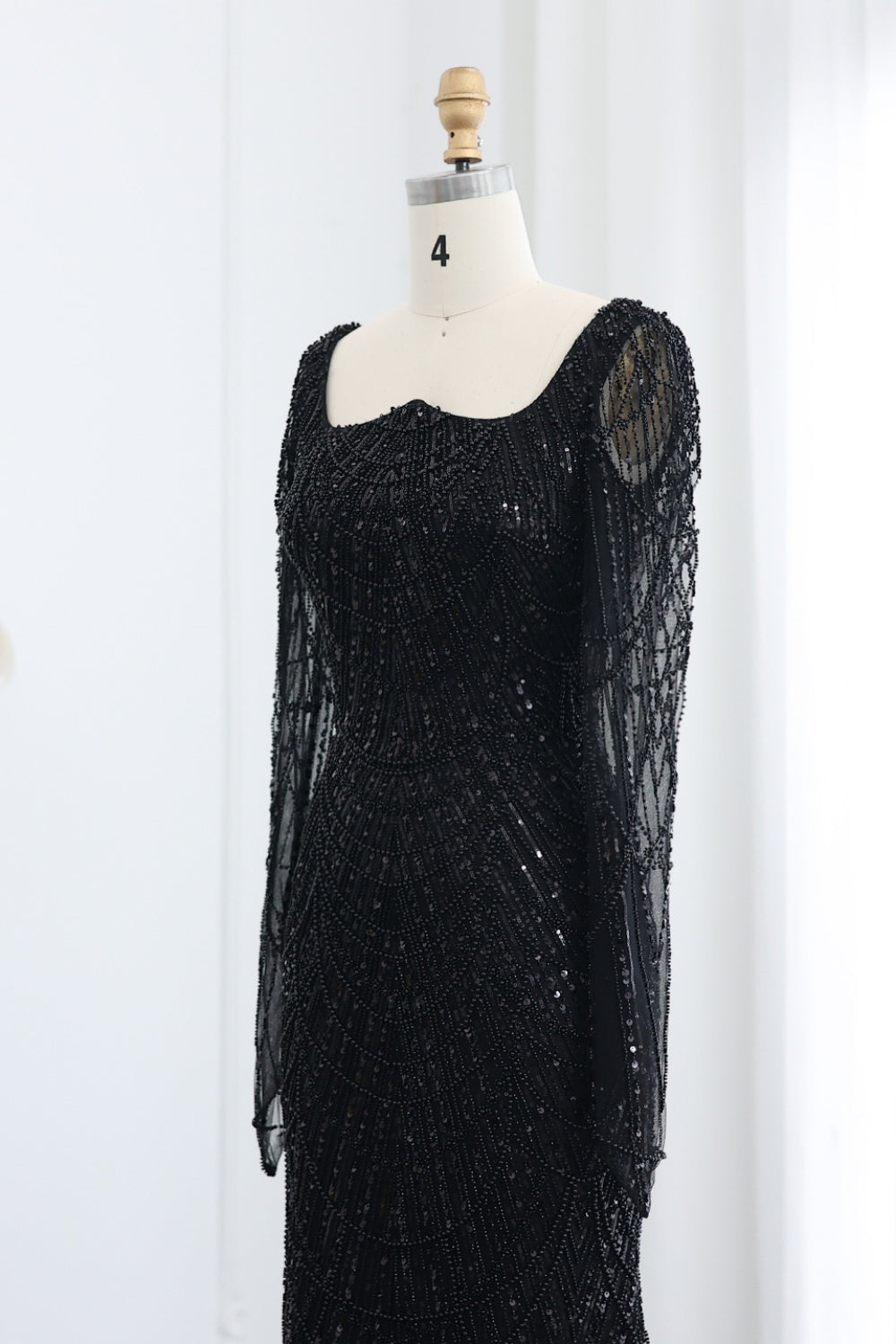 Luxury Beaded Champagne Long Sleeves Mermaid Evening Dress SS686 Sheer Fairy
