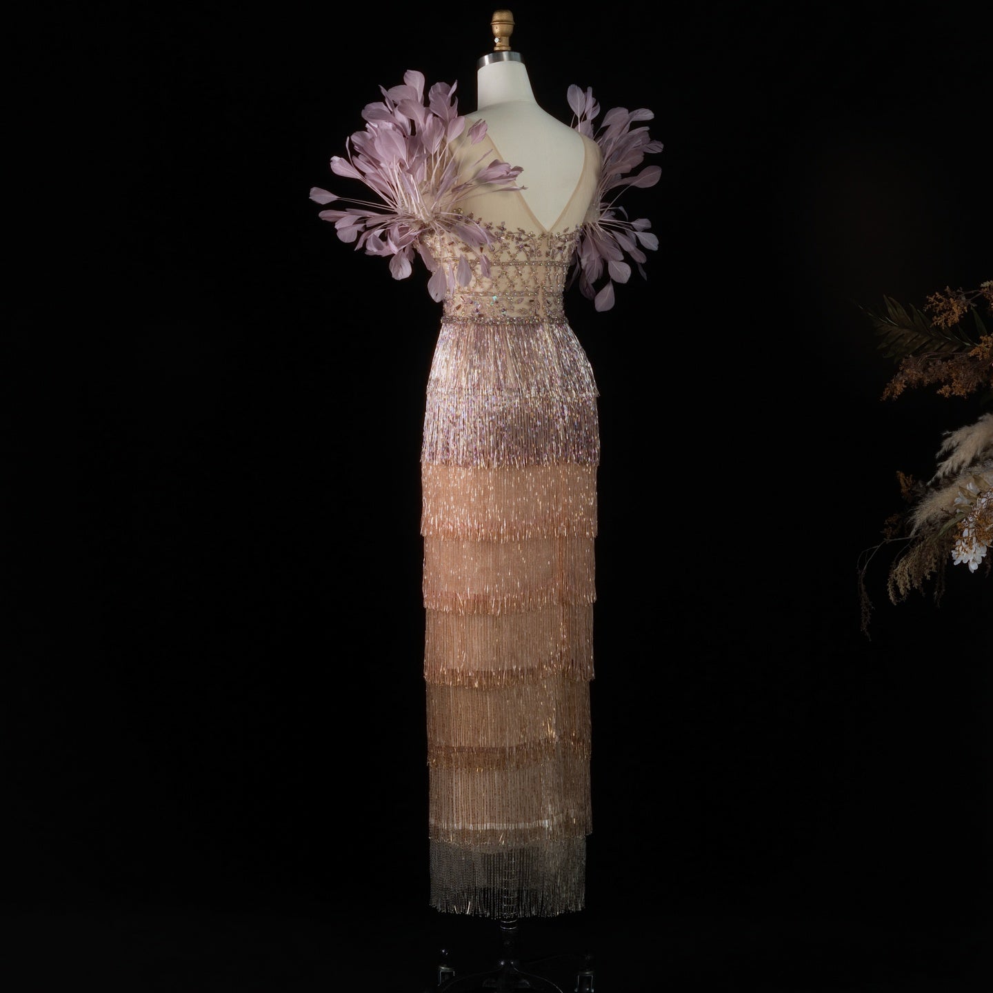 Sheer Lattice Beaded Tiered Fringe Lilac Evening Dress with 3D Floral SS379 Sheer Fairy
