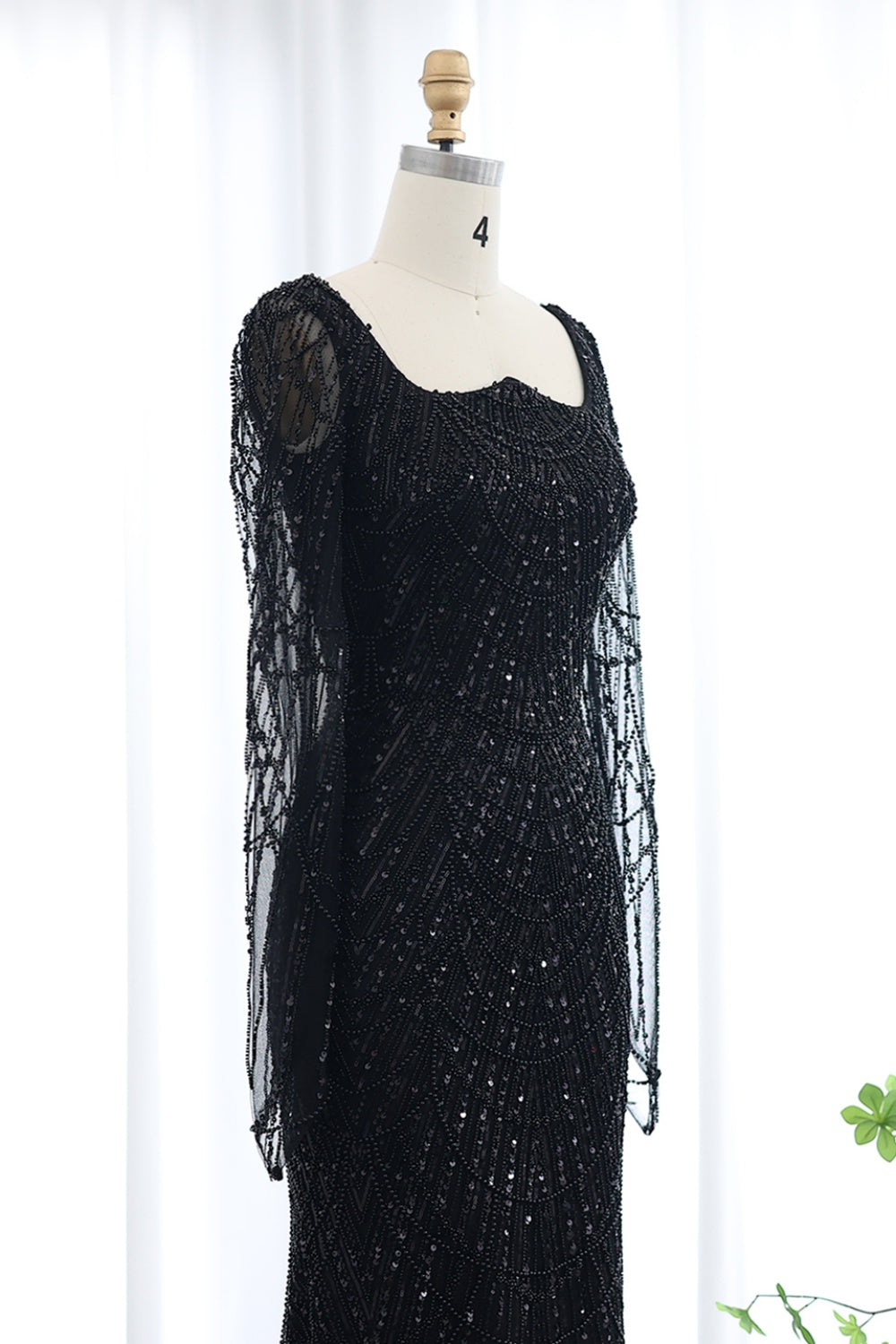 Luxury Beaded Champagne Long Sleeves Mermaid Evening Dress SS686 Sheer Fairy