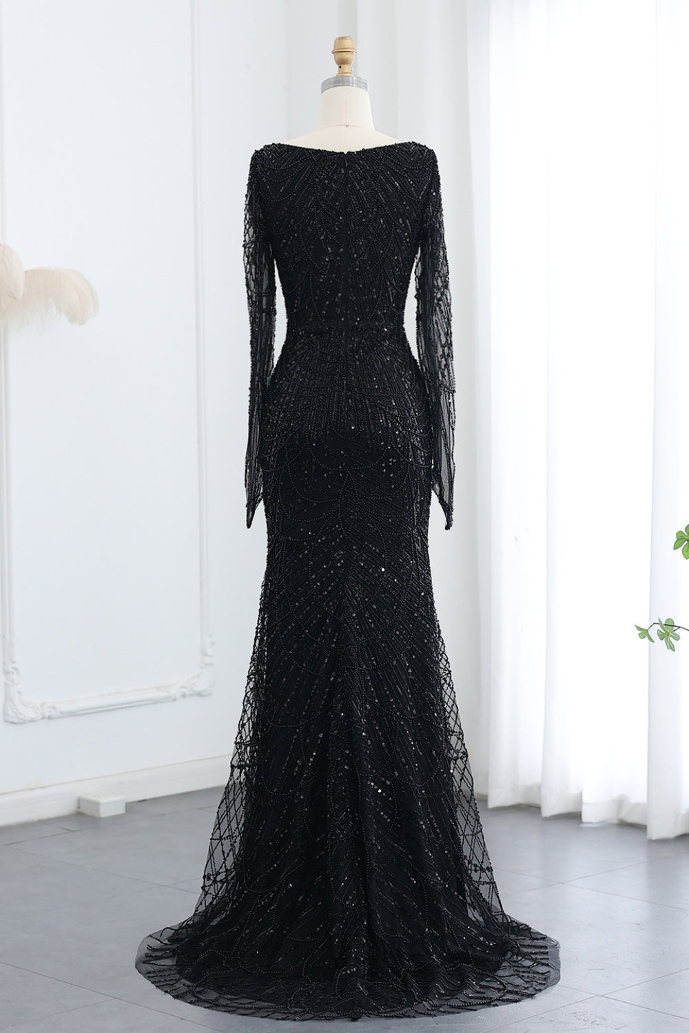 Luxury Beaded Champagne Long Sleeves Mermaid Evening Dress SS686 Sheer Fairy